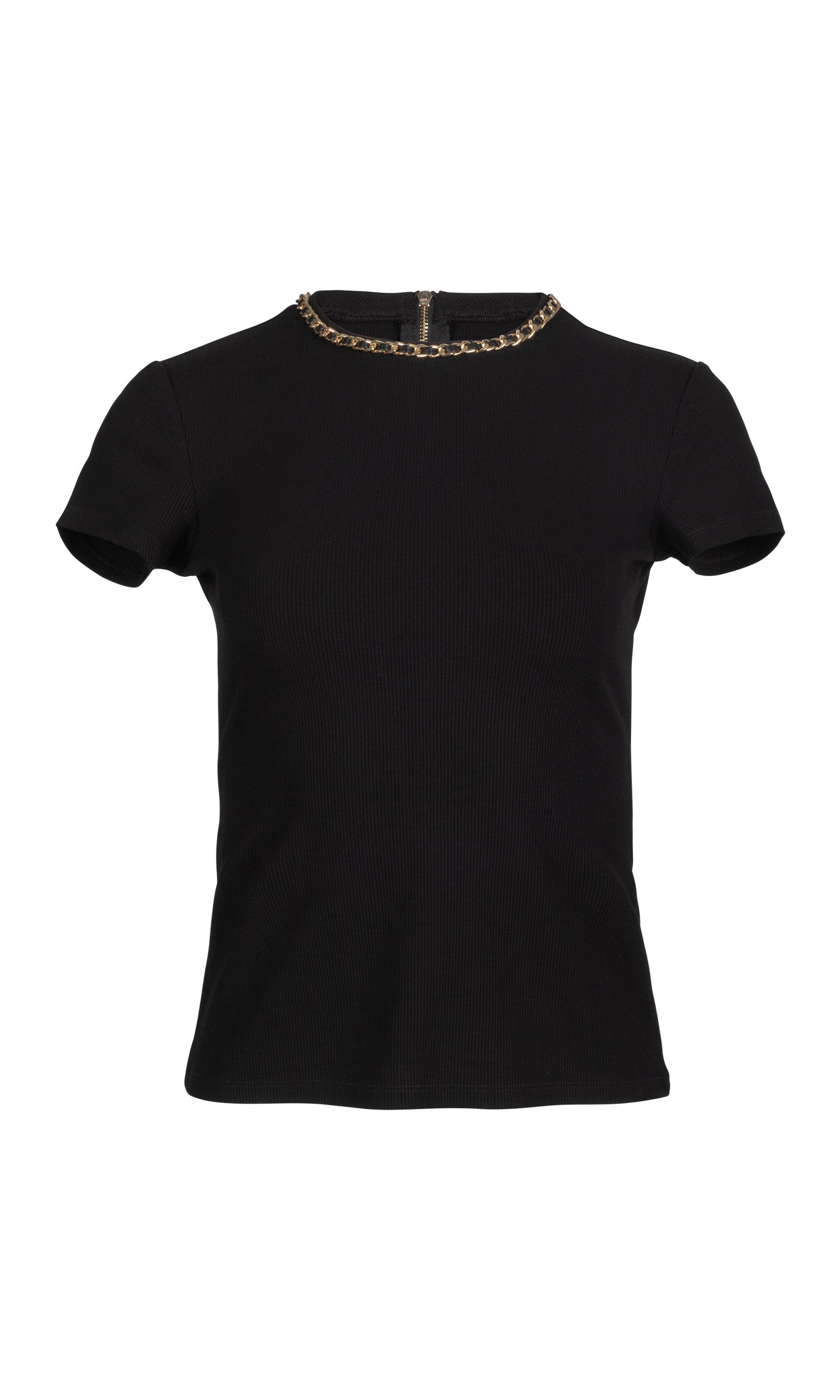Black t-shirt with a chain detail neckline on a white background