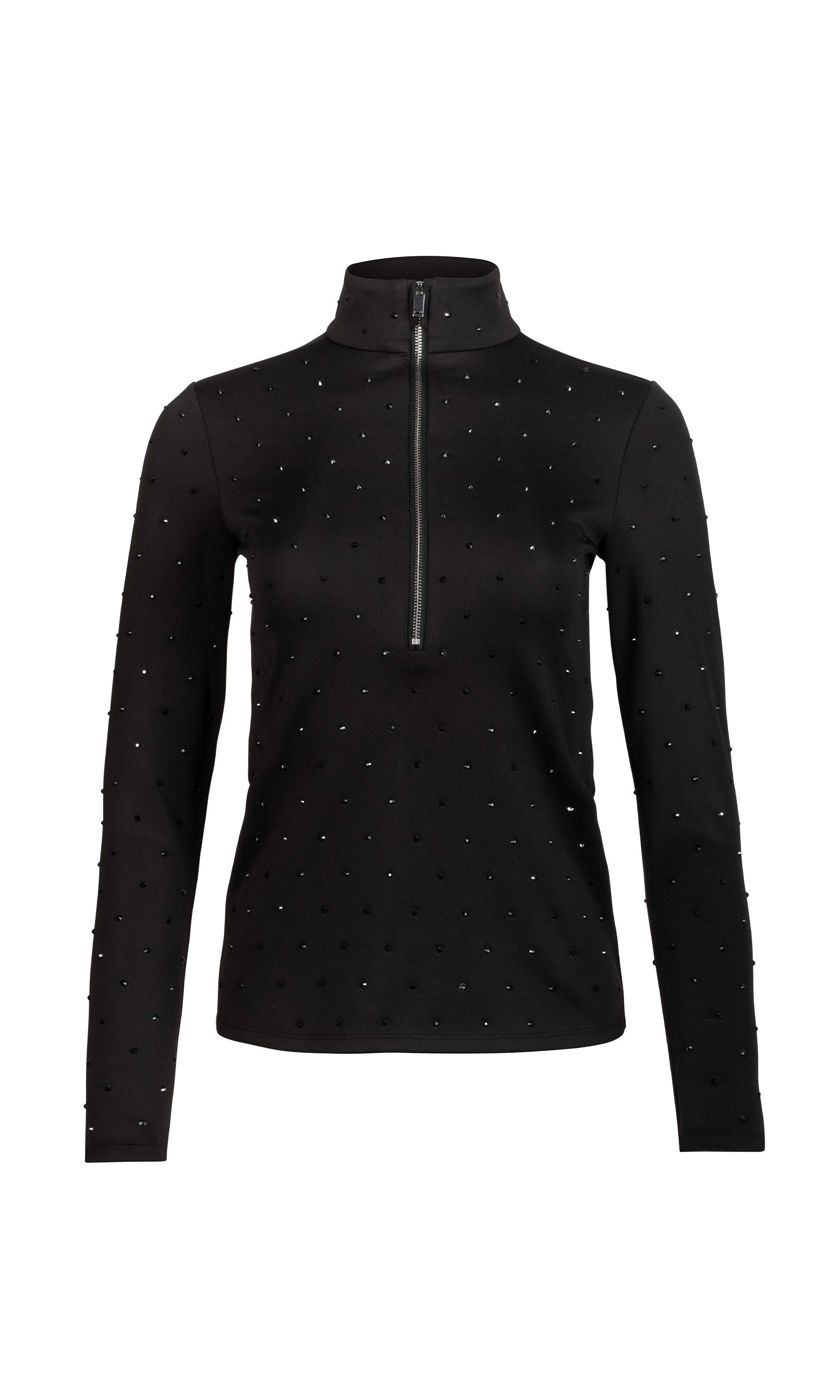 Black long-sleeve top with quarter zip and crystal embellishments on a white background