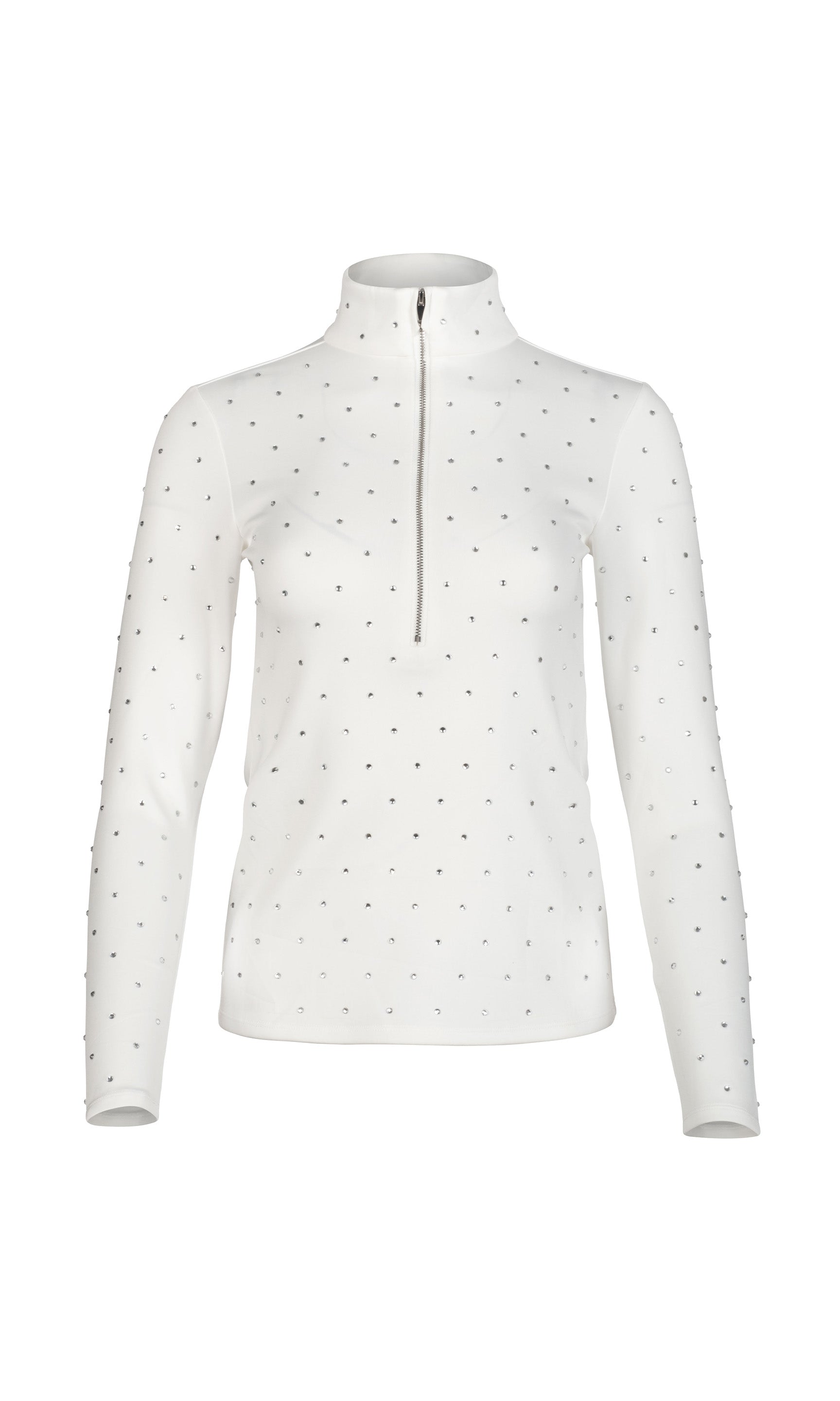 White long-sleeve top with quarter zip and crystal embellishments on a white background