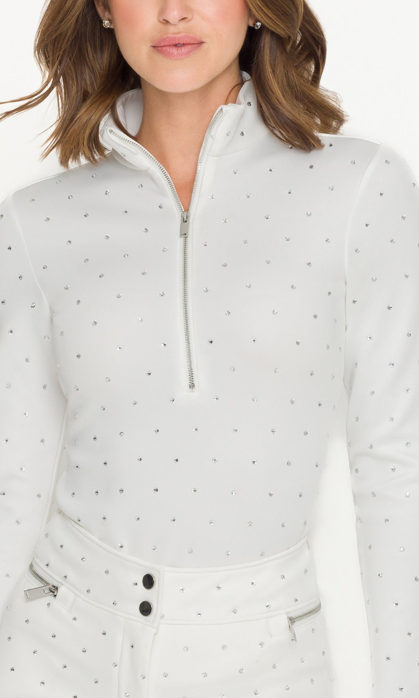 Light gray zip-up sweatshirt with small black polka dots on a white background