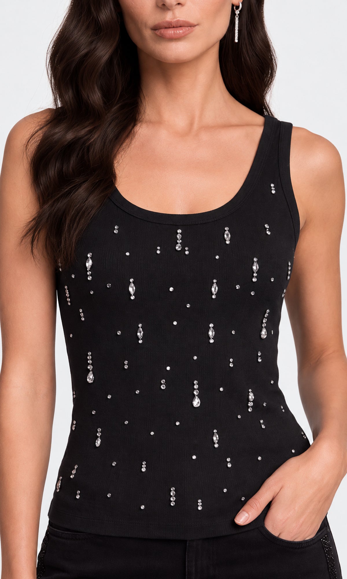 Close-up of a black scoop-neck tank top adorned with small silver rhinestone embellishments.