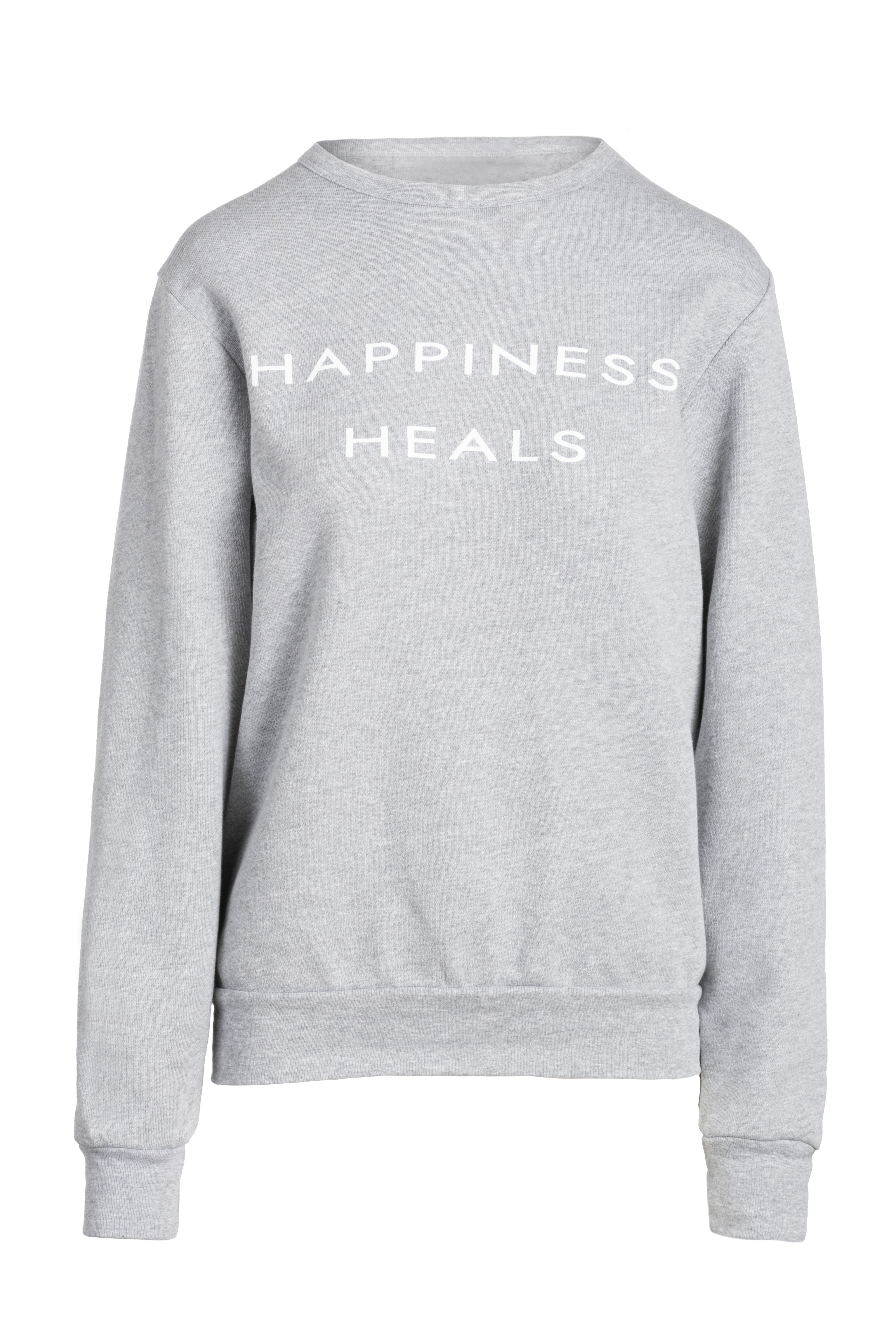 Gray sweatshirt with 'HAPPINESS HEALS' text on a white background