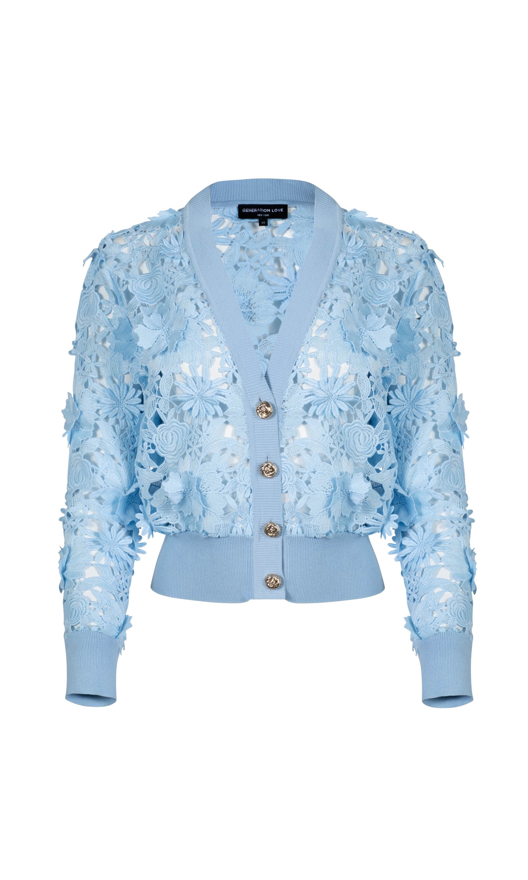 Flat lay ghost image of the Harlow Lace Cardigan showing the full structure, button placement, and sleeve shape in crisp studio lighting.