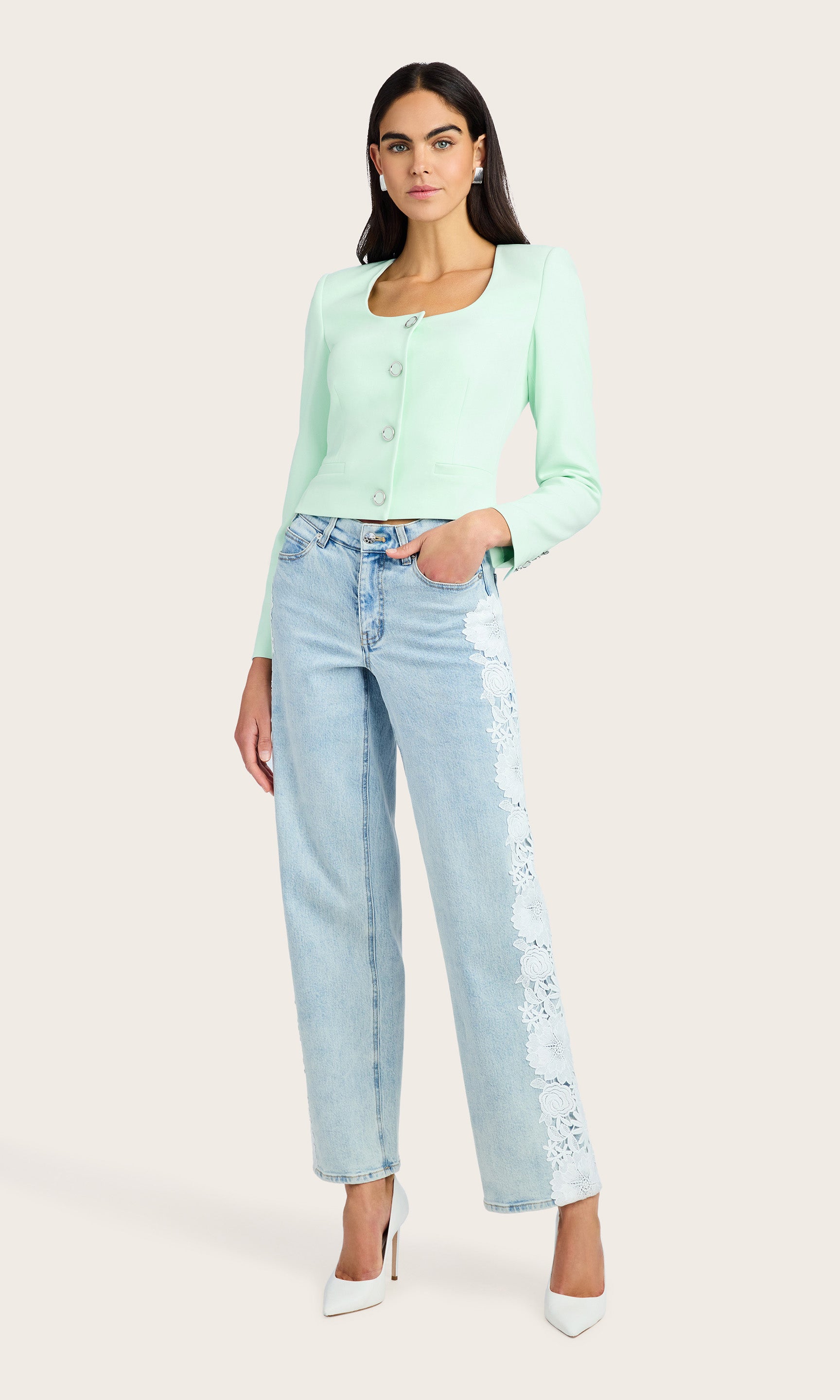 Full-body view of the Jina Crepe Blazer styled with light-wash denim and heels for a refined finish.
