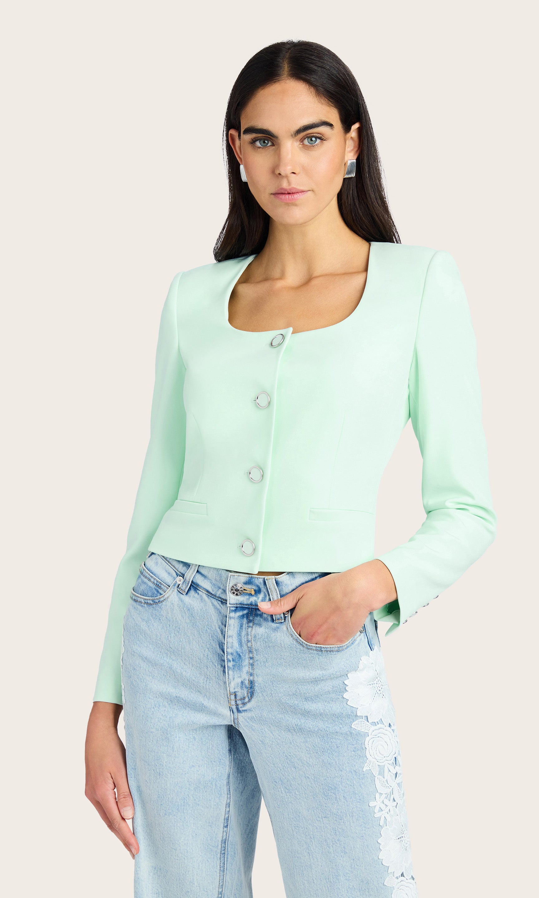 Studio front view of the Jina Crepe Blazer highlighting its scoop neckline and clean tailoring.