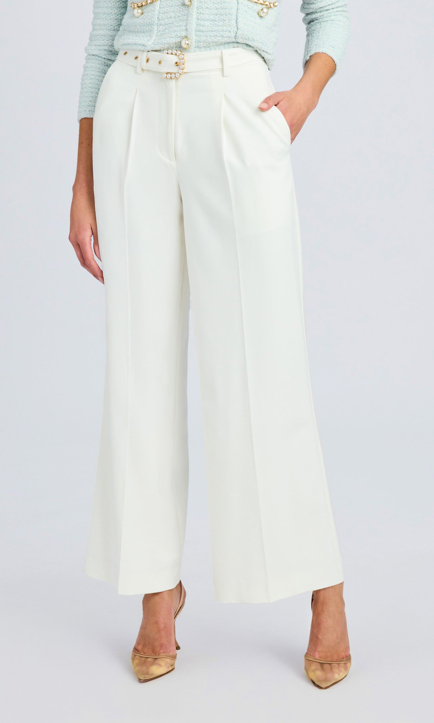 White crepe pants with gold and faux pearl belt buckle