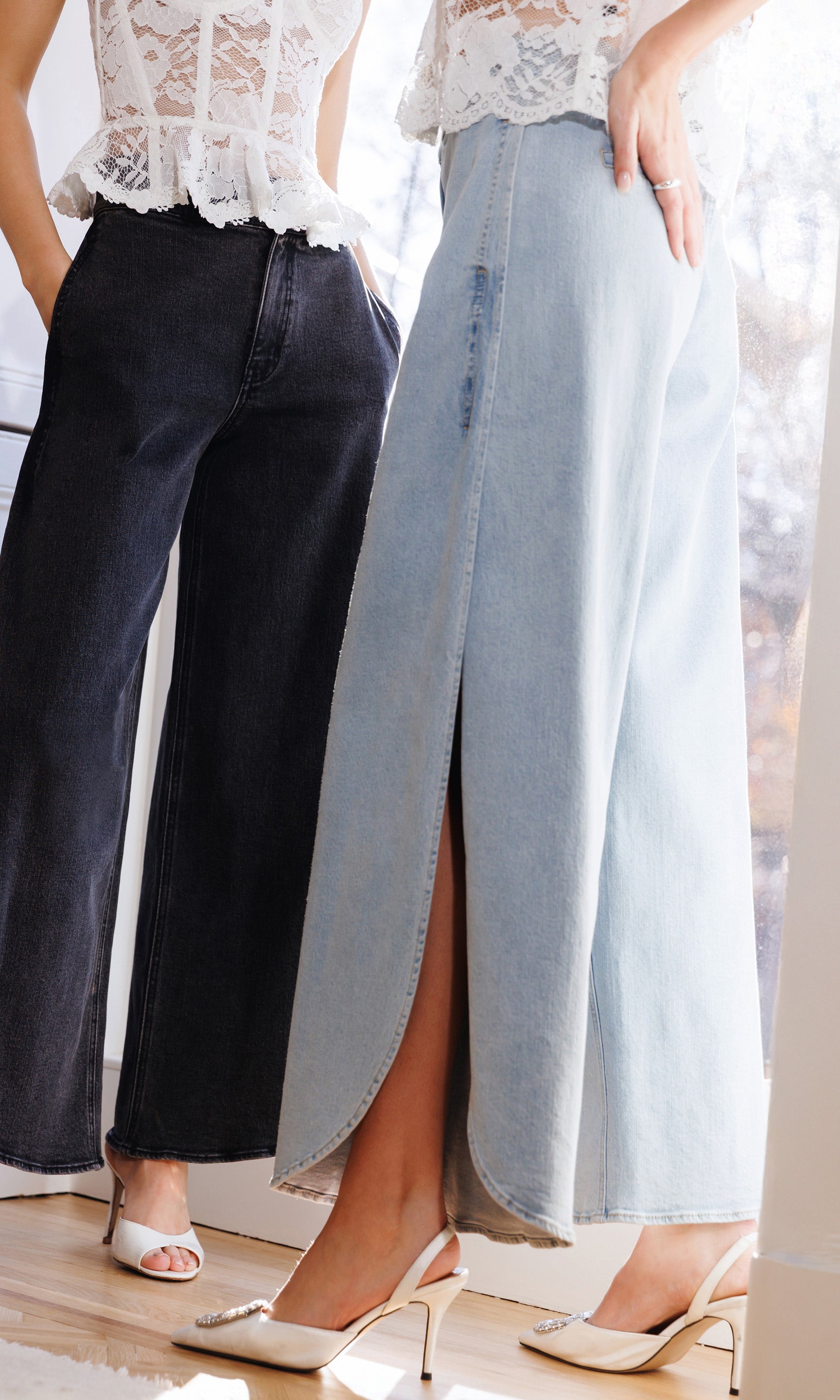 Two women wearing different outfits with a focus on their legs and shoes.