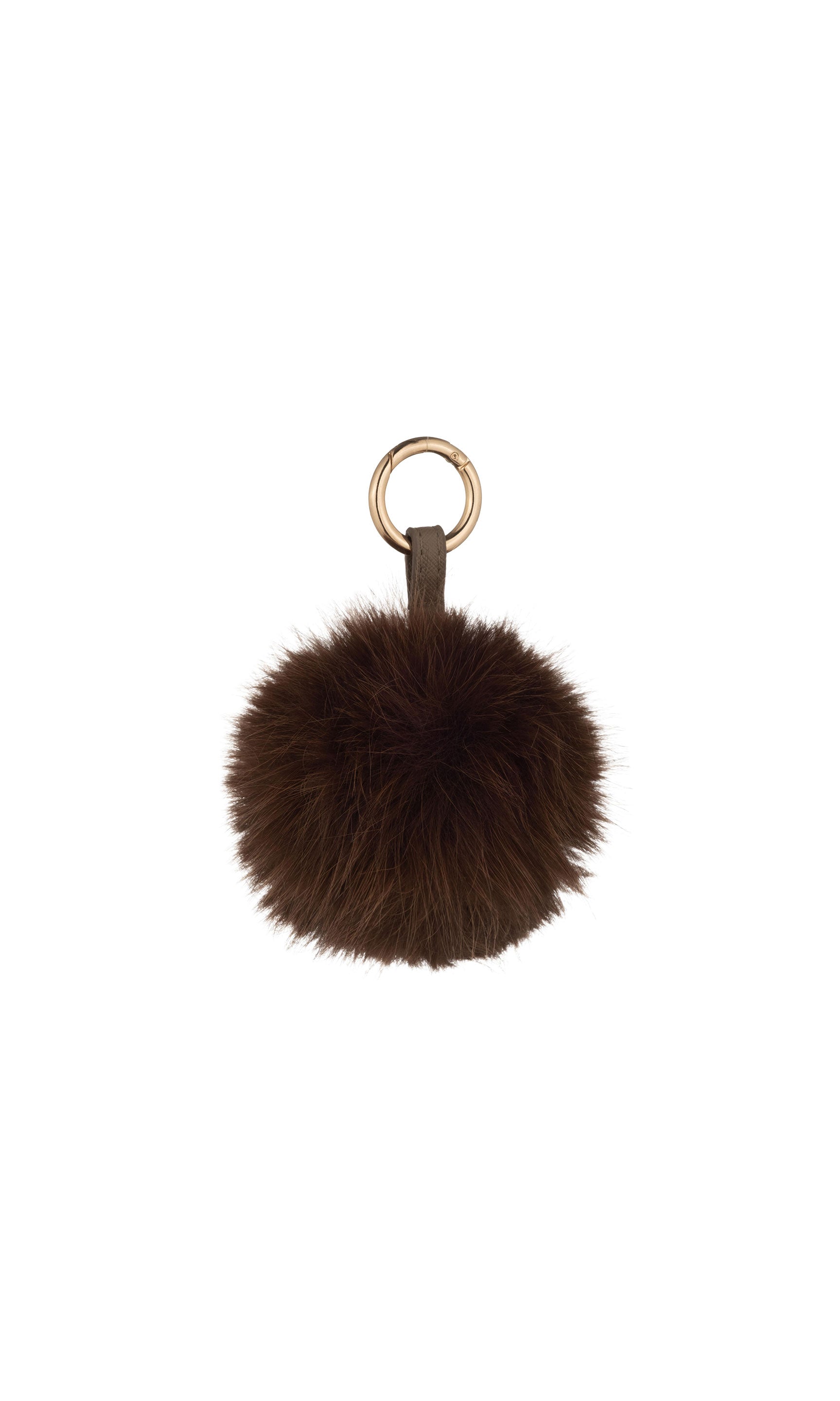 Brown fur pom-pom keychain with a gold ring on a white background