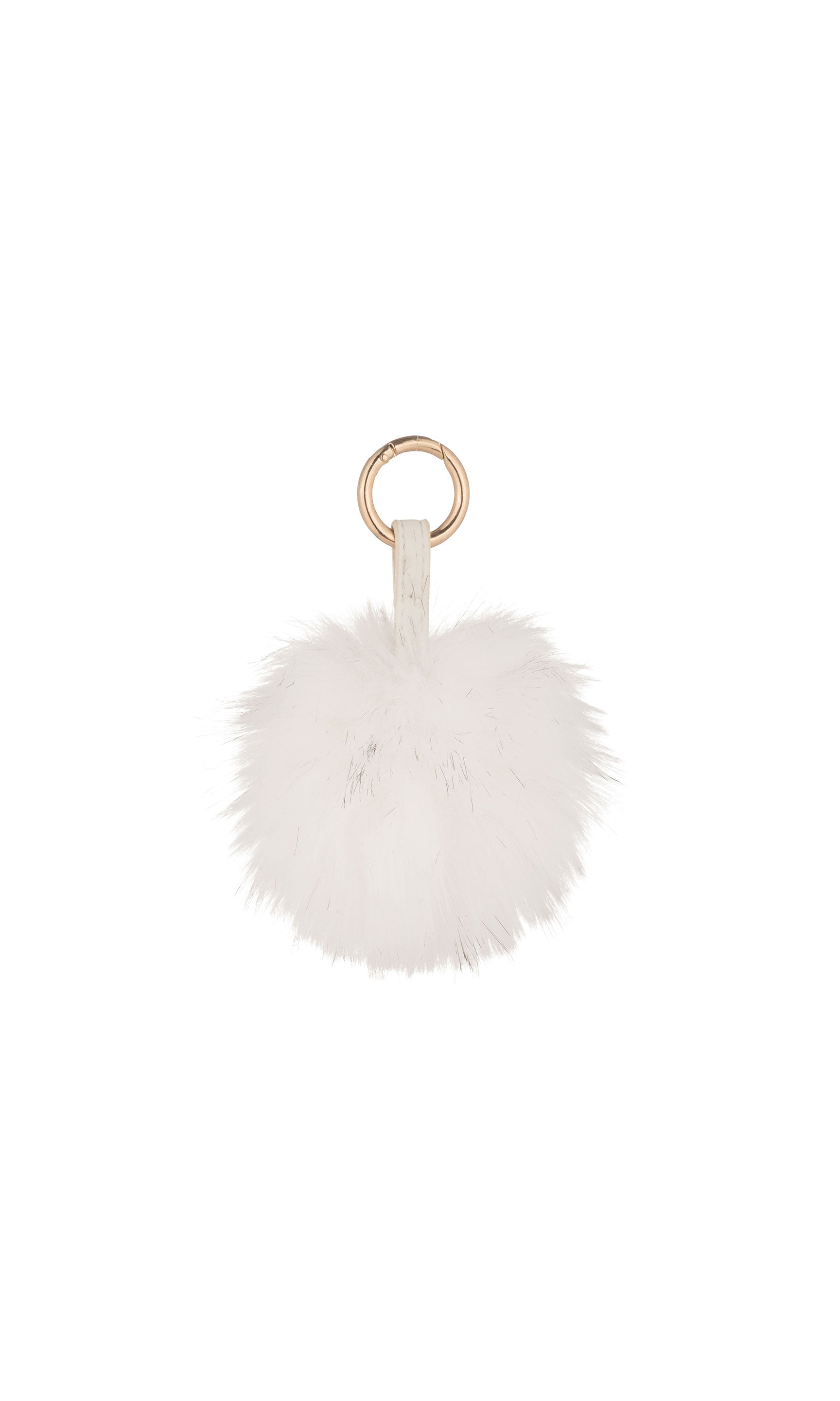 White fluffy keychain with a gold ring on a white background
