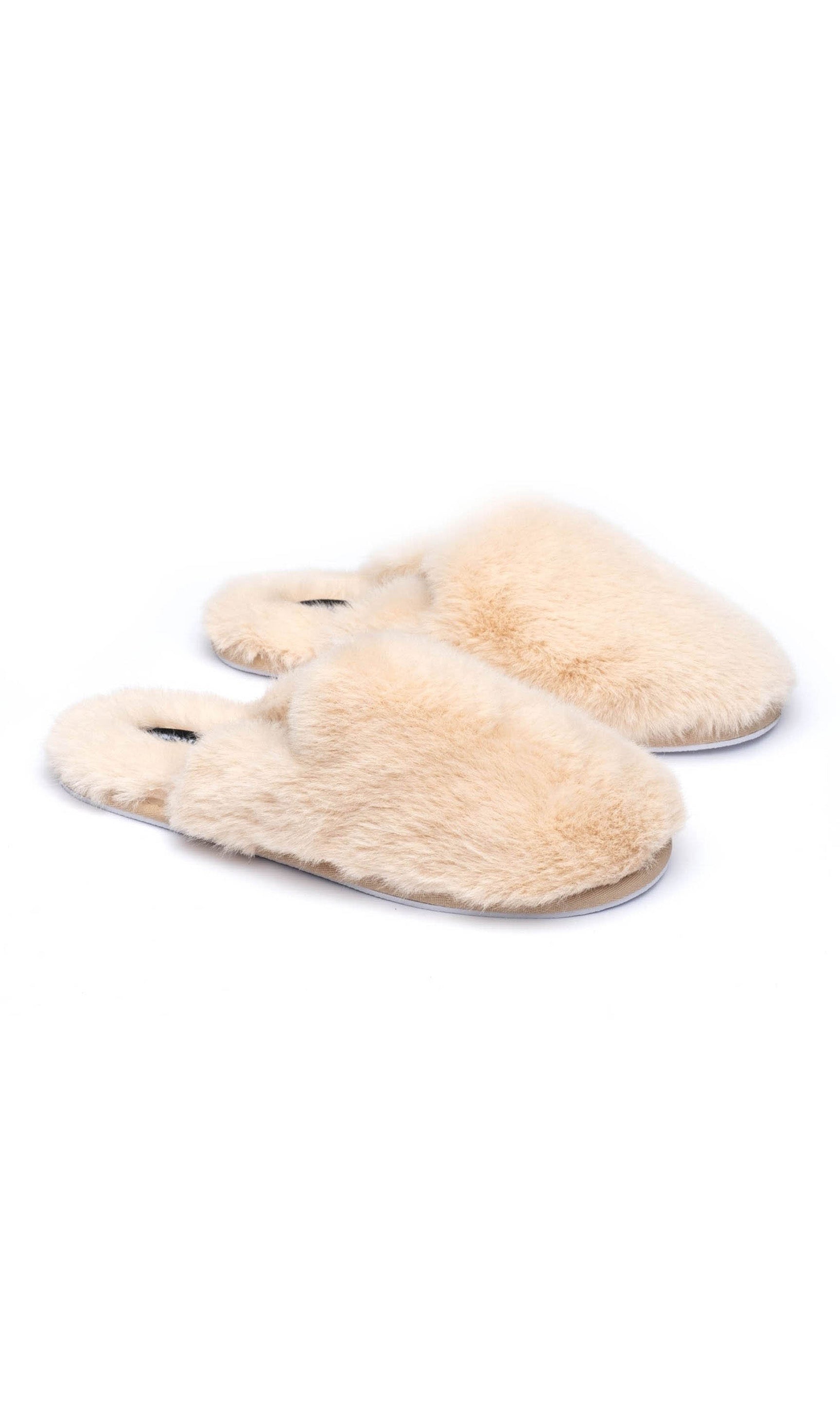 Pair of beige slippers on a white background