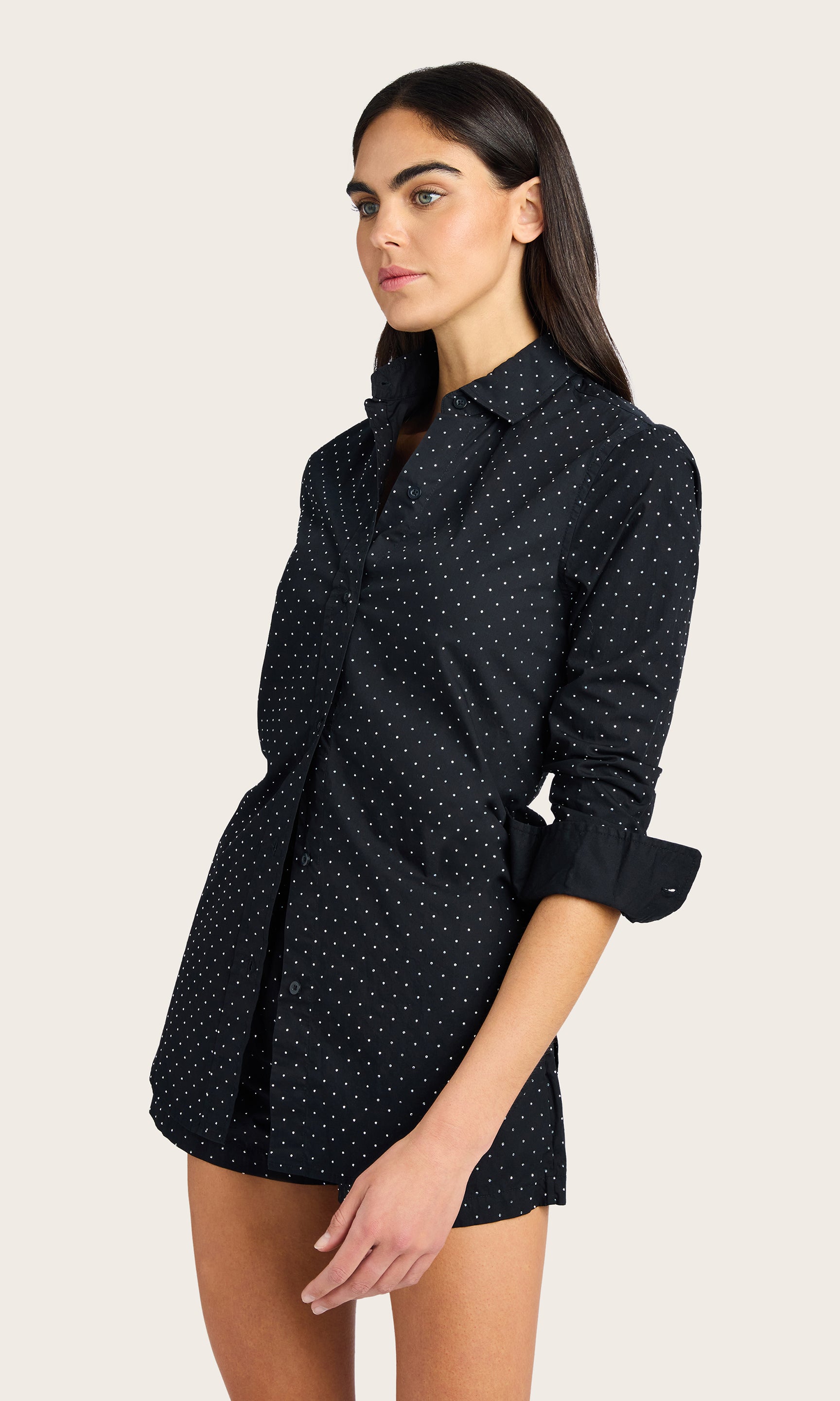 Side view of the Marc Crystal Shirt showcasing the hemline and casual silhouette.