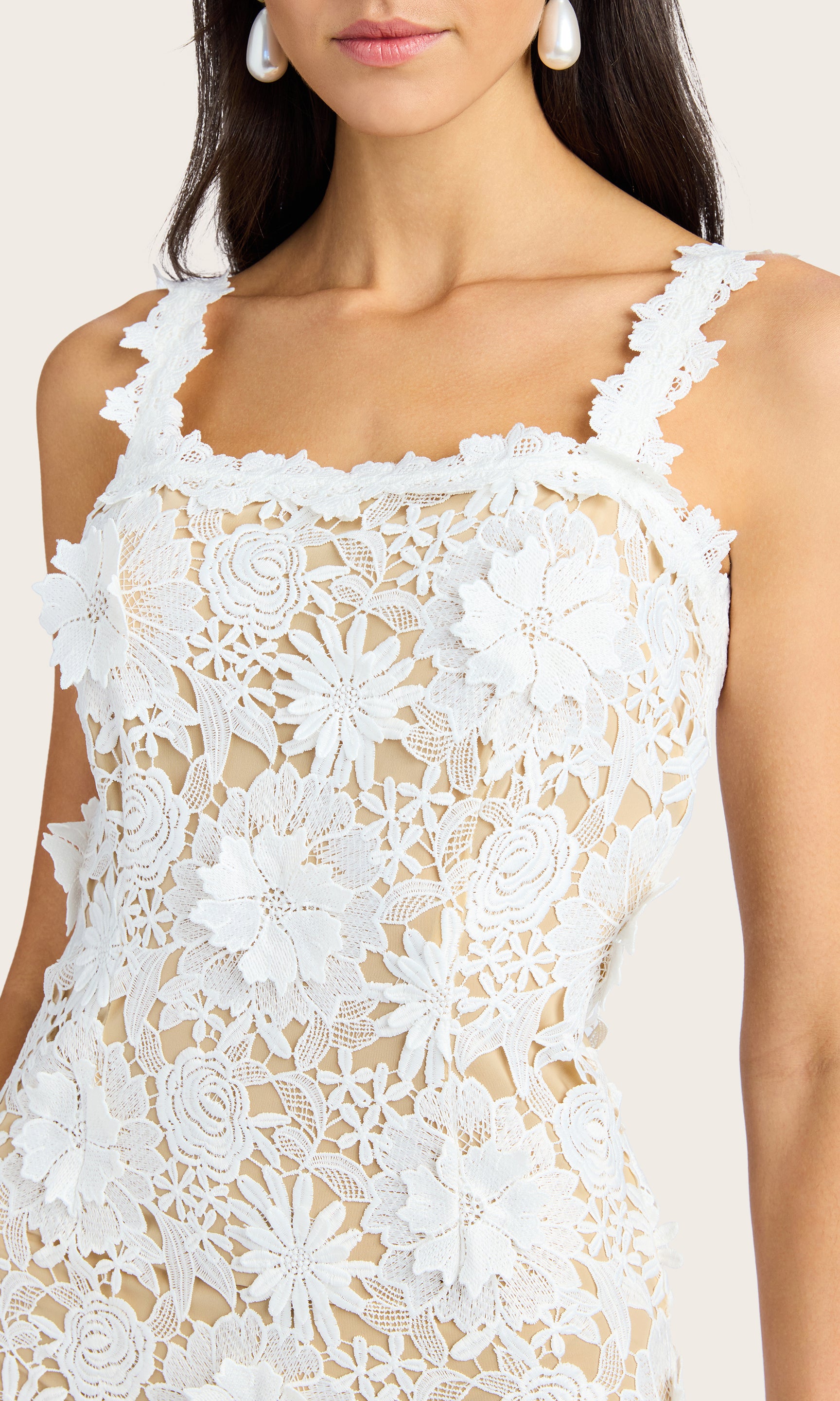 Close-up view highlighting the textured lace and scalloped neckline of the Marnee 3D Lace Dress