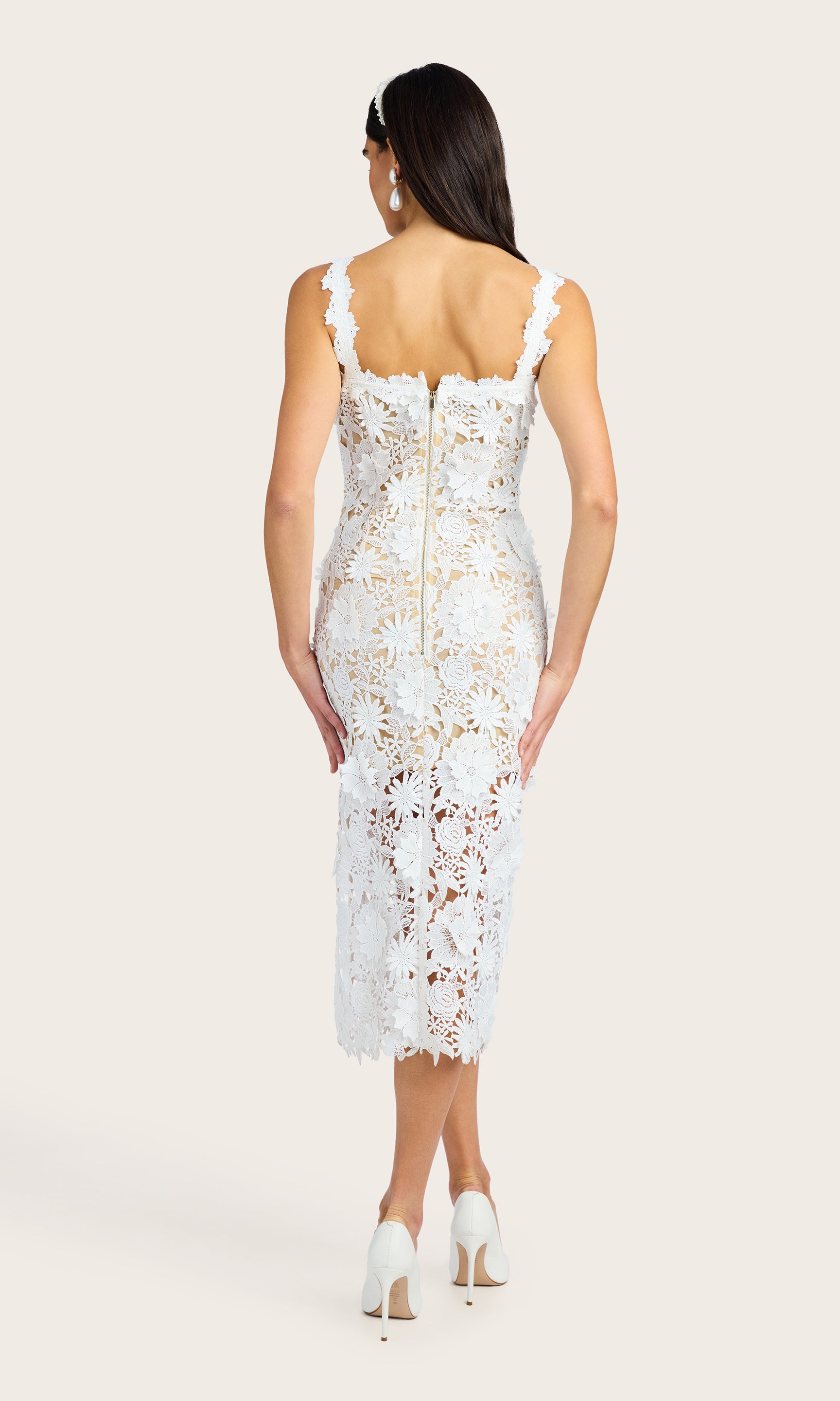 Rear view of the Marnee 3D Lace Dress displaying the lace detail and slim fit