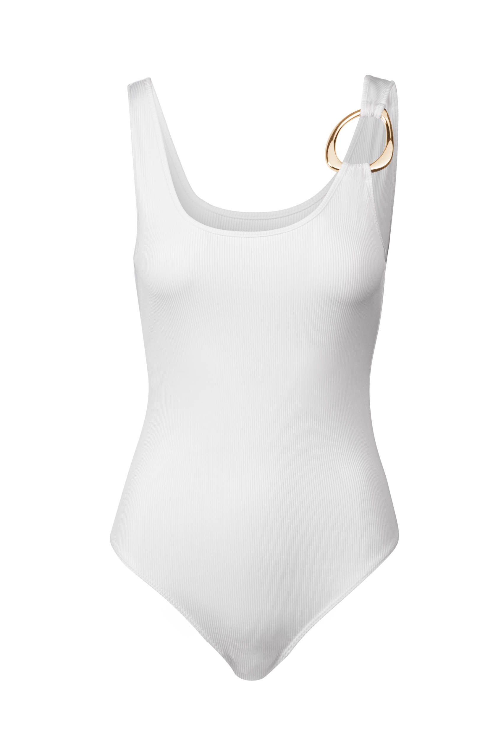 ghost image of the Mecca Bodysuit in white with a gold wring accent on one shoulder