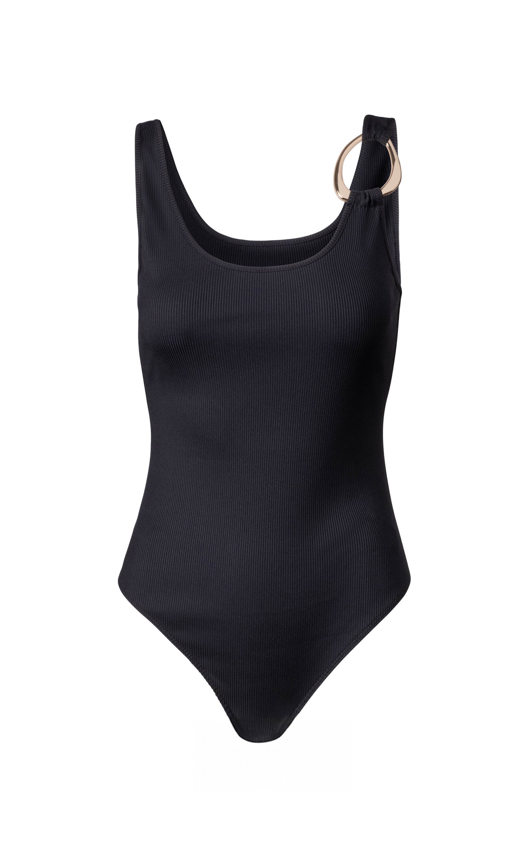 ghost image of the Mecca Bodysuit in black with a gold wring accent on one shoulder