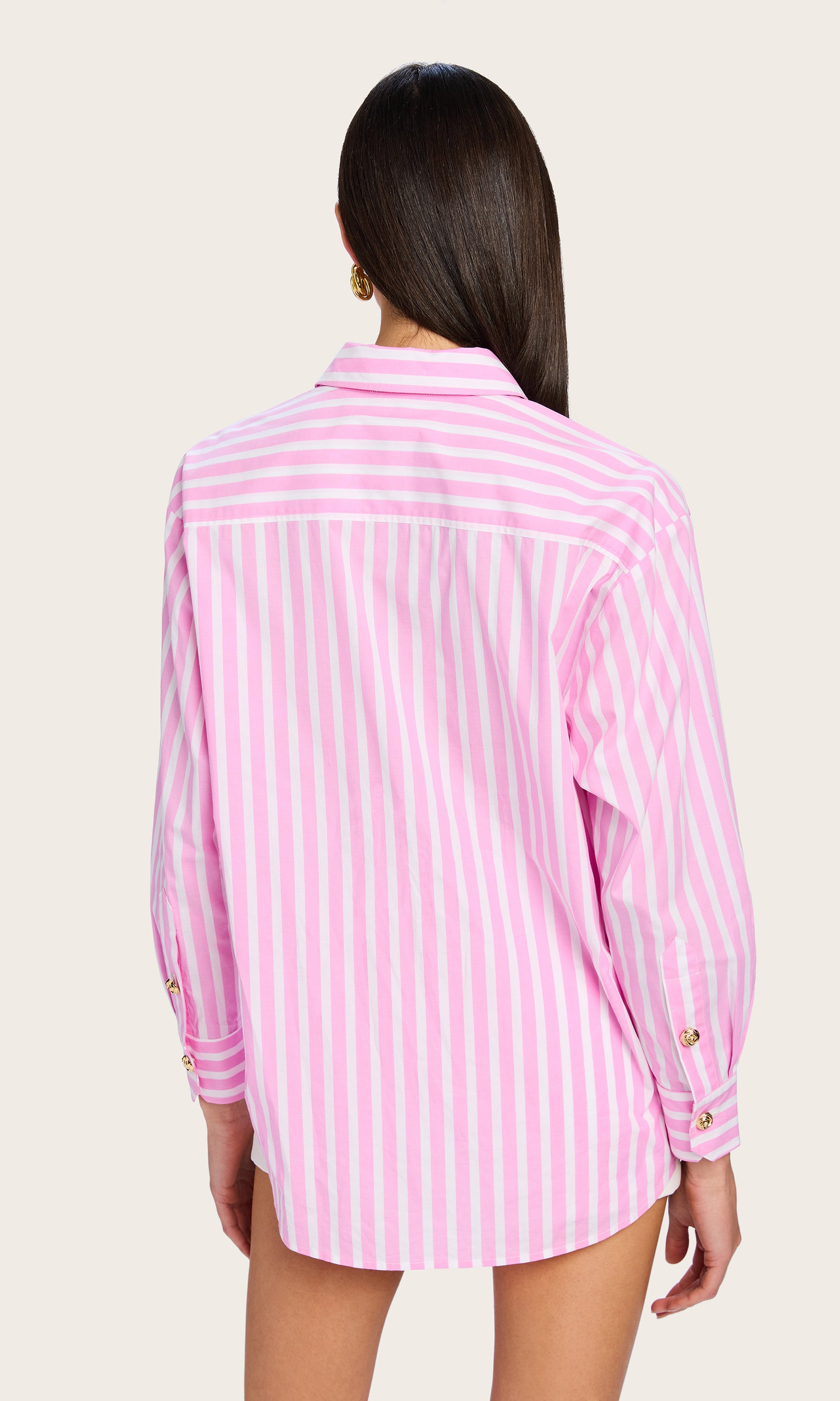 Rear view showcasing the relaxed boyfriend fit and full-length sleeves of the Meggy Wide Stripe Poplin Shirt