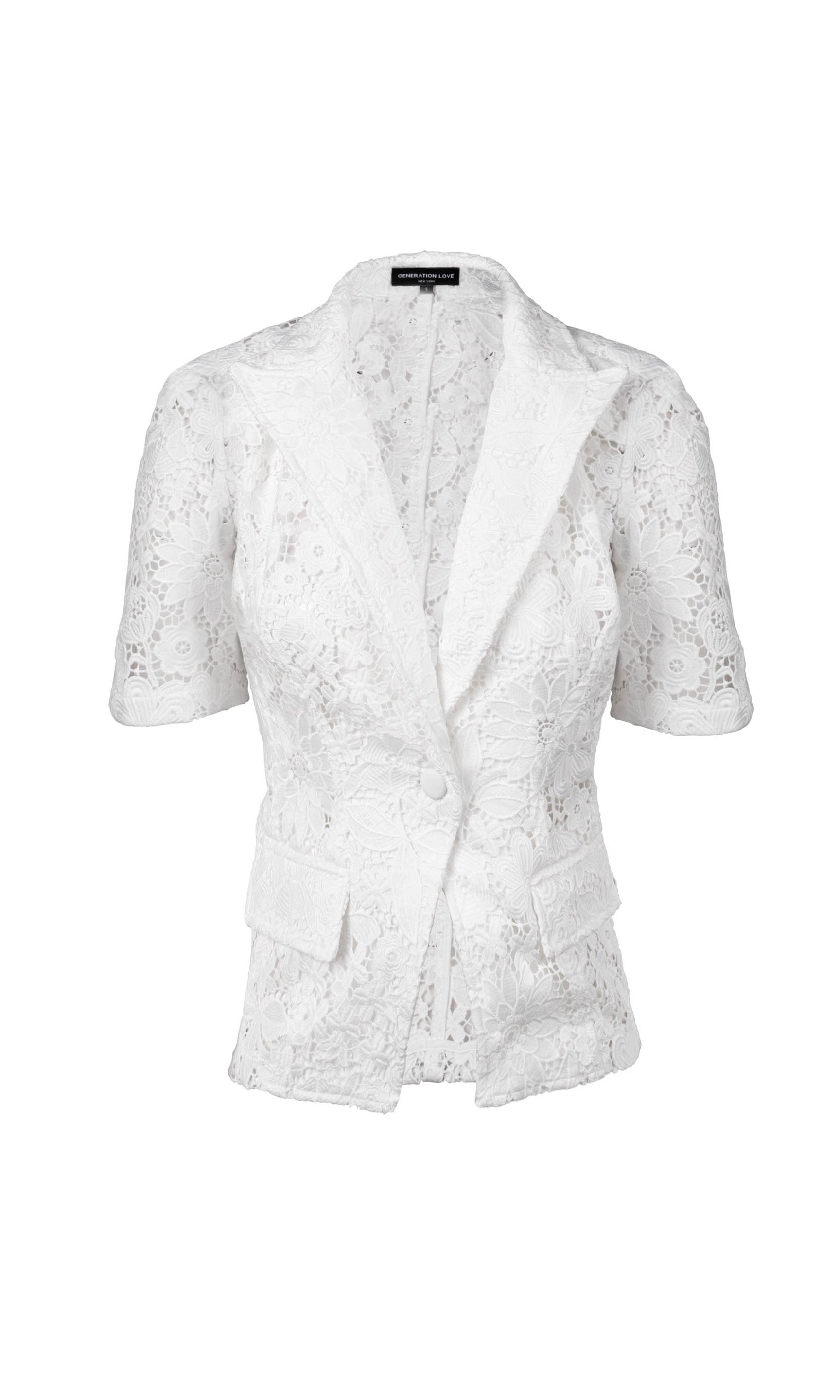 ghost image of the short sleeve Melbourne Lace Blazer in white