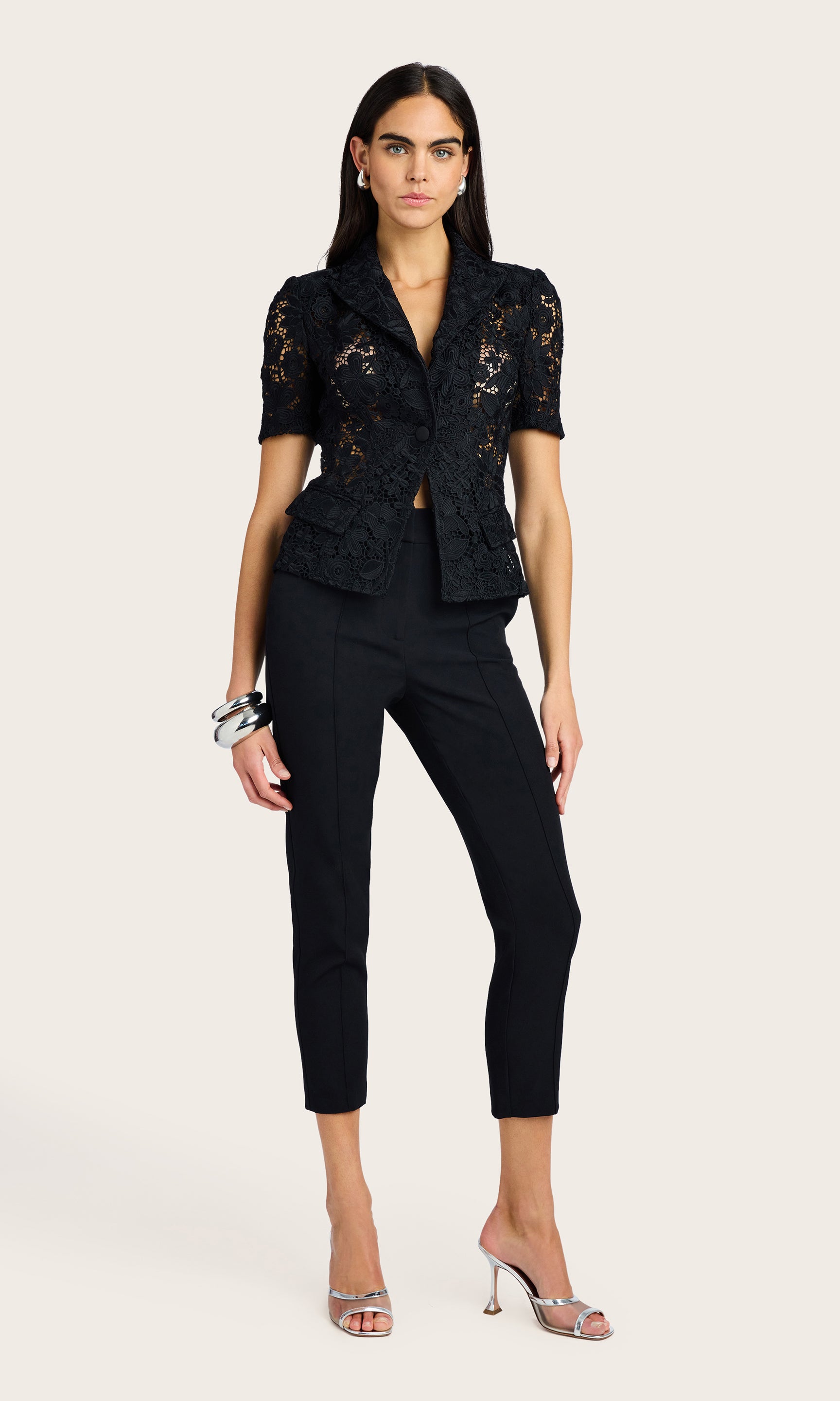 Full-body view of the Melbourne Lace Blazer styled with black pants for a polished outfit