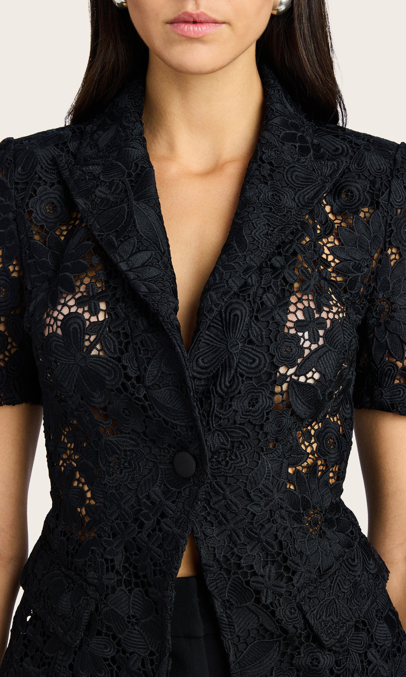 Close-up view highlighting the fabric texture and button detailing of the Melbourne Lace Blazer