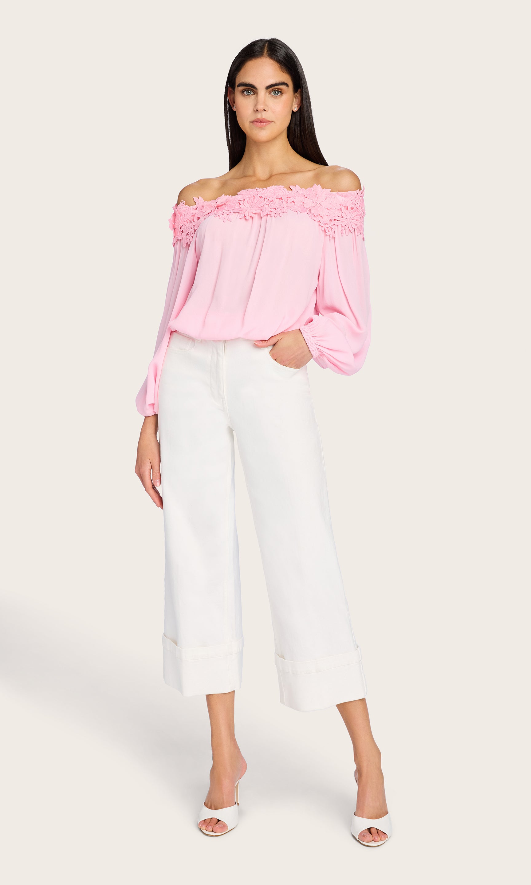 The model is captured in a full body view wearing the Merla Lace Combo Blouse, showcasing the lightweight drape and airy silhouette.