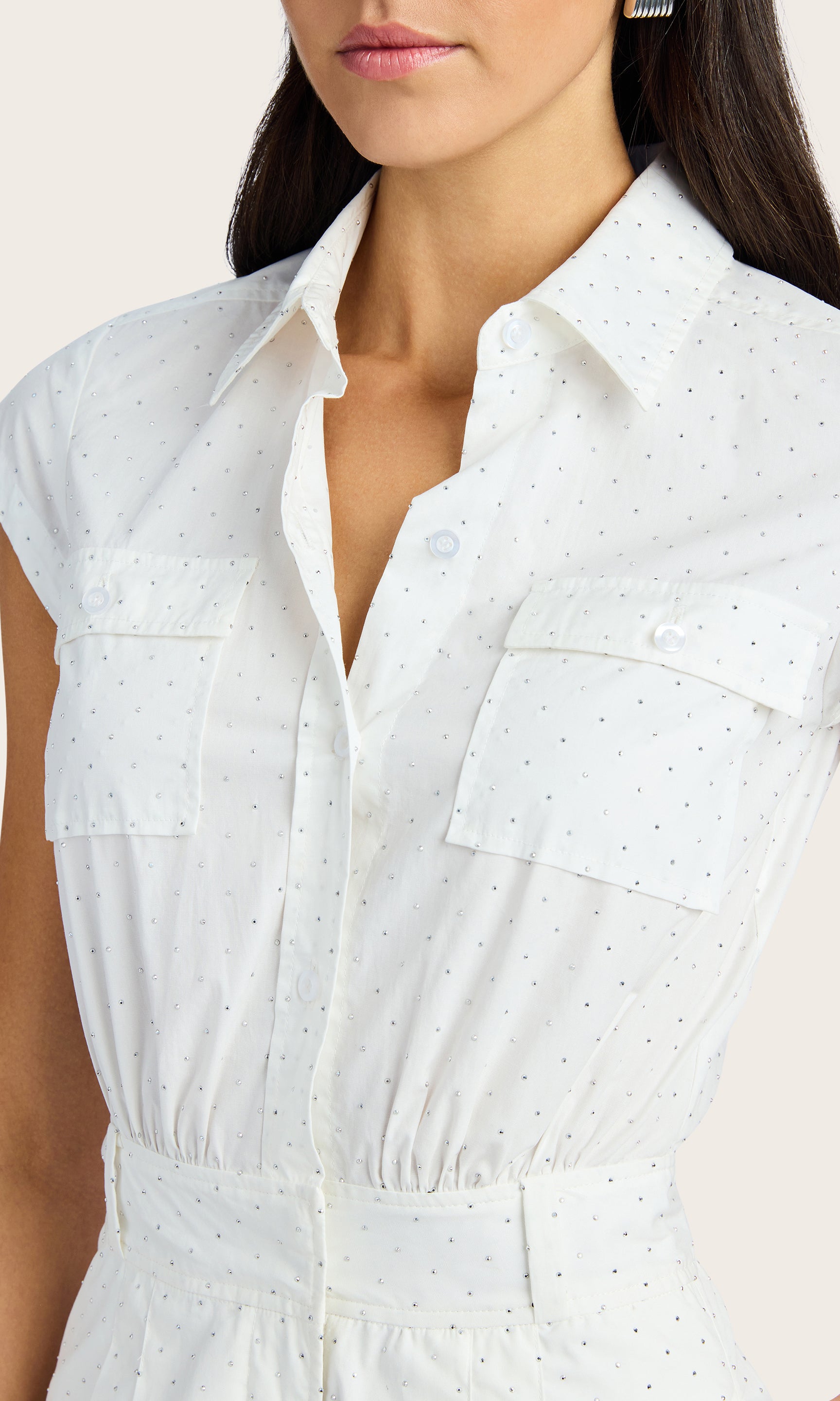Close-up front view highlighting the button-down front, collar, and sparkling embellishments of the Morgan Crystal Poplin Romper.