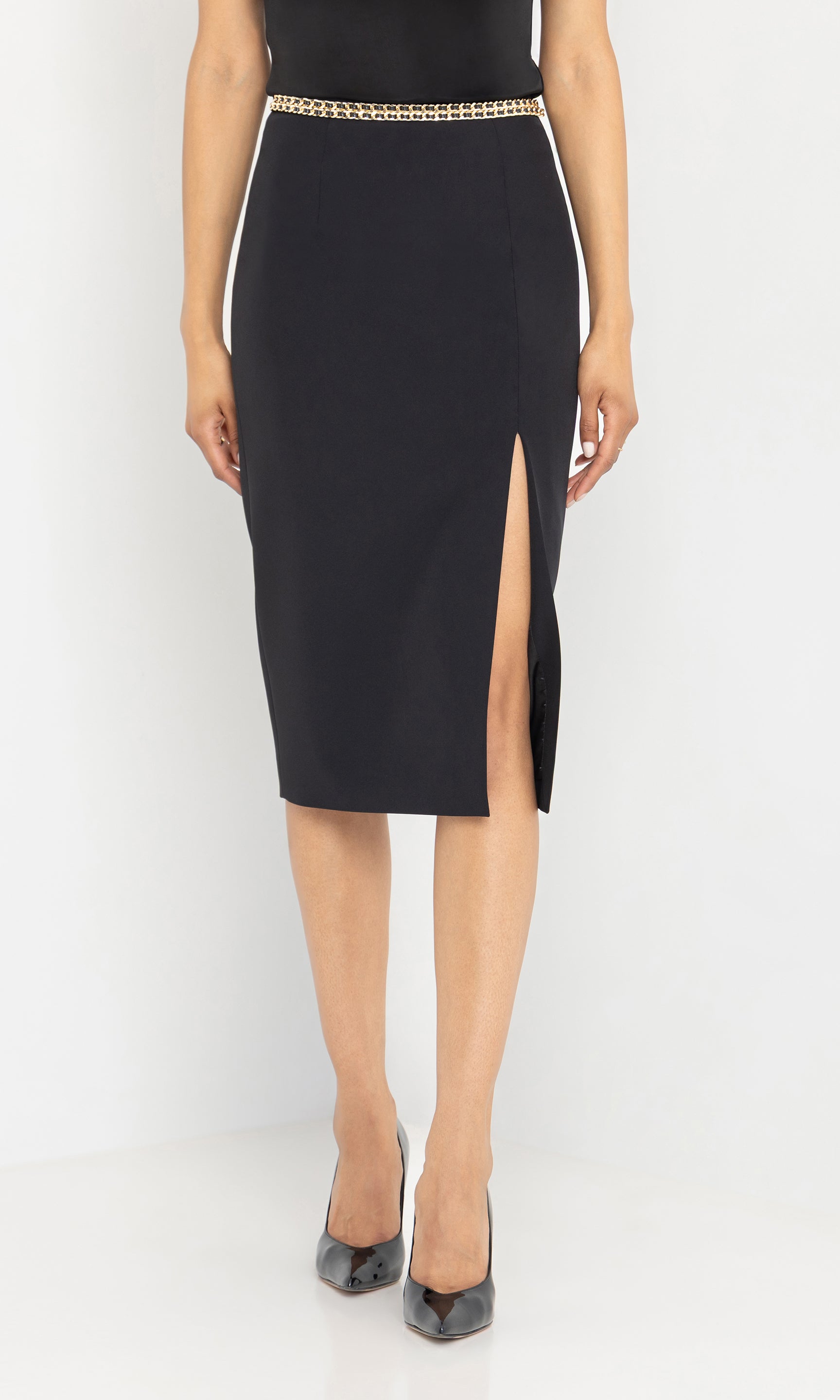 Front view of the margery crepe skirt highlighting the polished finish.