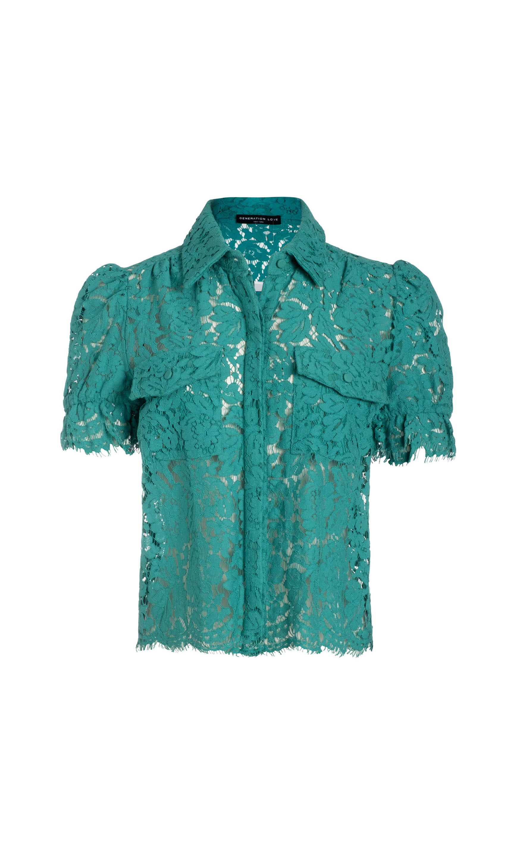 Topaz-colored lace blouse with short, puffed sleeves