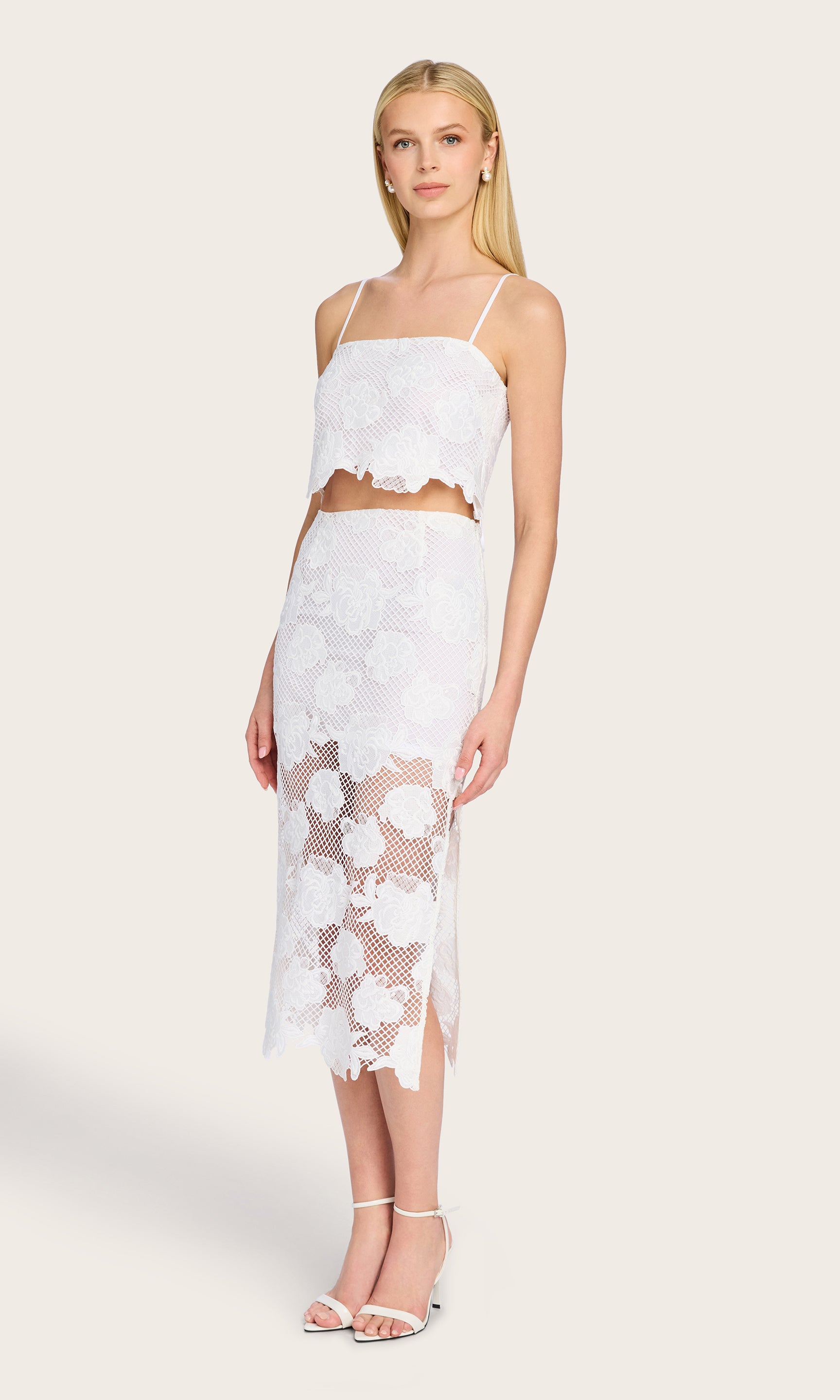 Full body view of the Norma Flower Mesh Cami styled as a two-piece set, presenting a modern, romantic take on coordinated summer dressing.