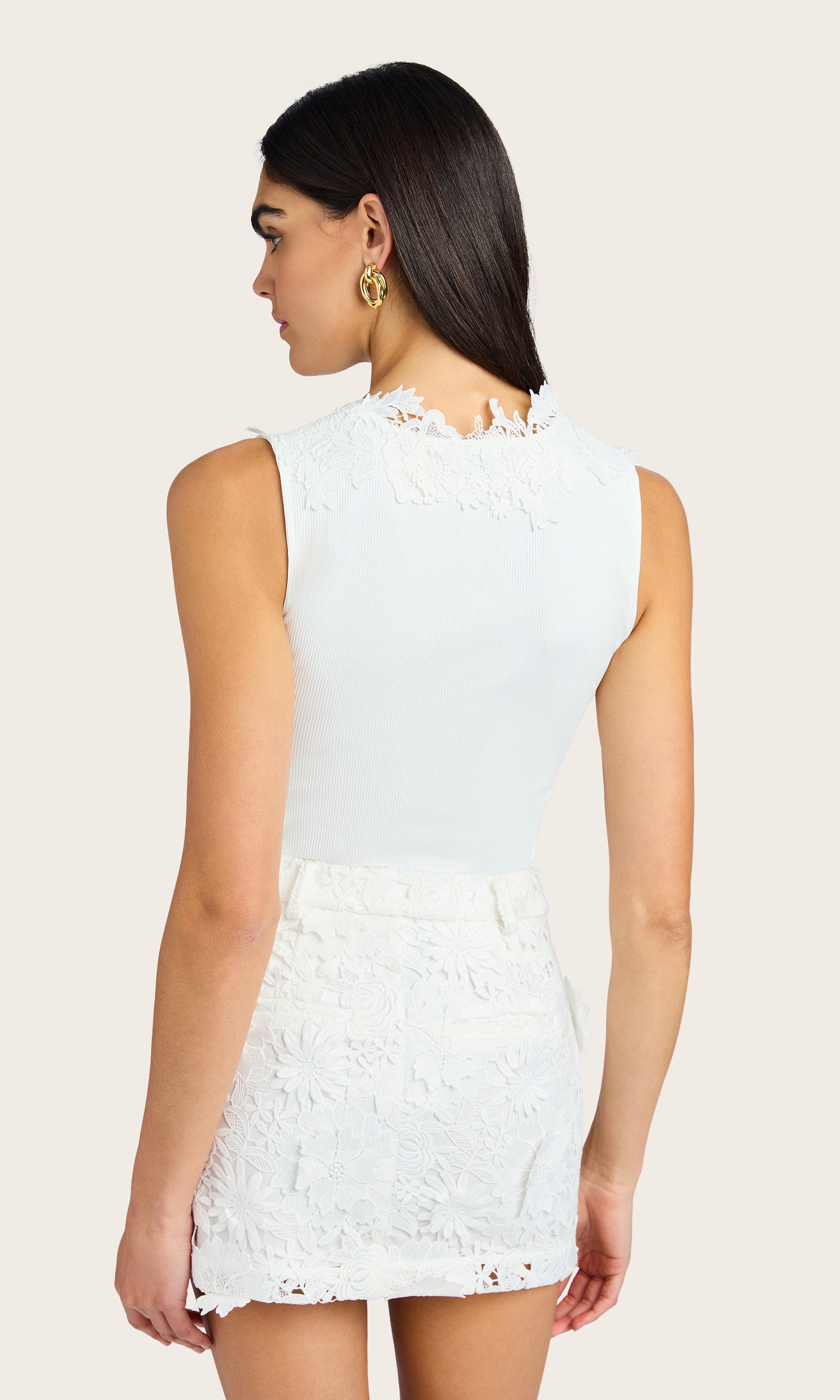 Rear view of the Olema Lace Top showing back coverage and lace trim
