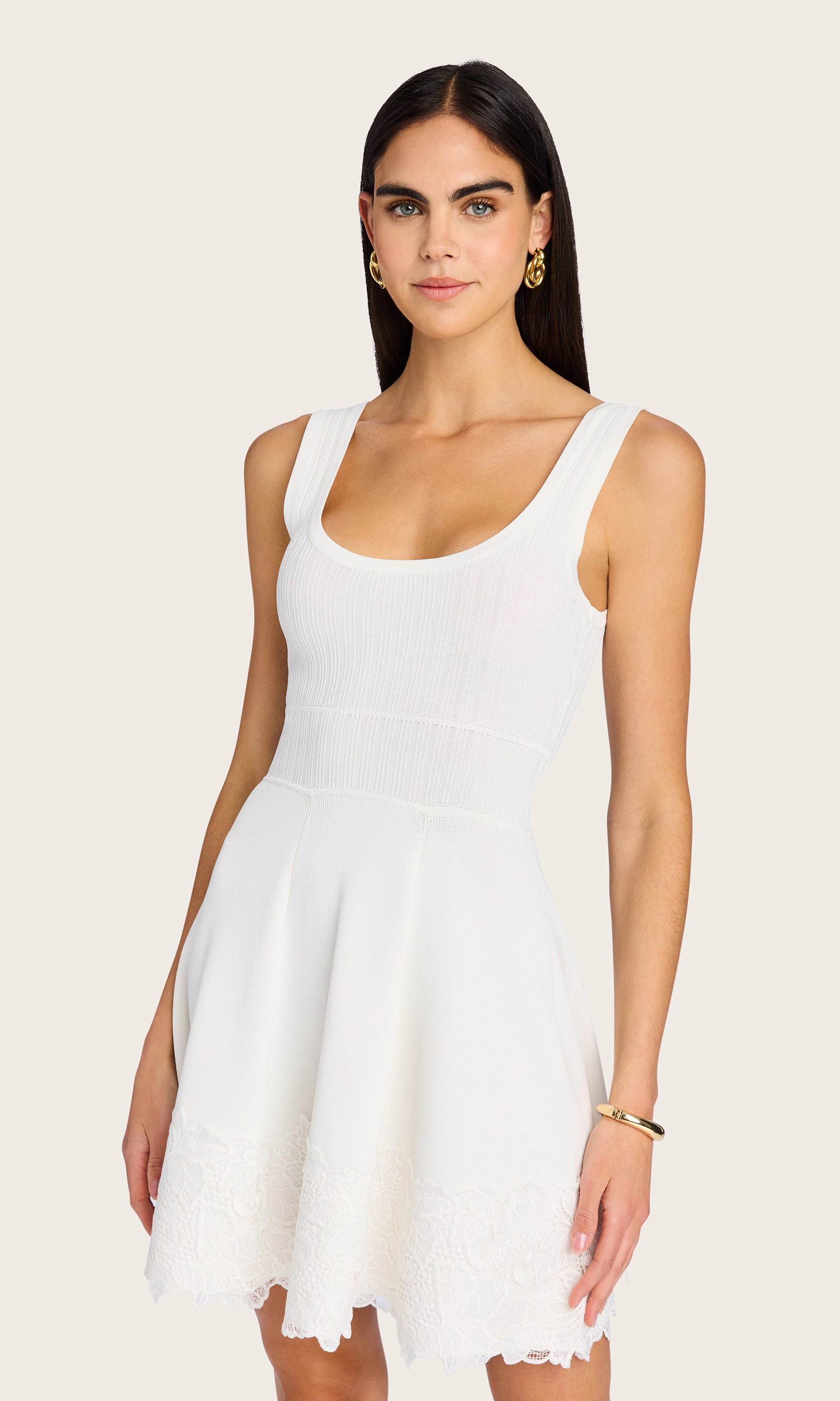 Another front view of the model in the white Orpheus Lace Combo Rib Dress, emphasizing the tank neckline and effortless silhouette.