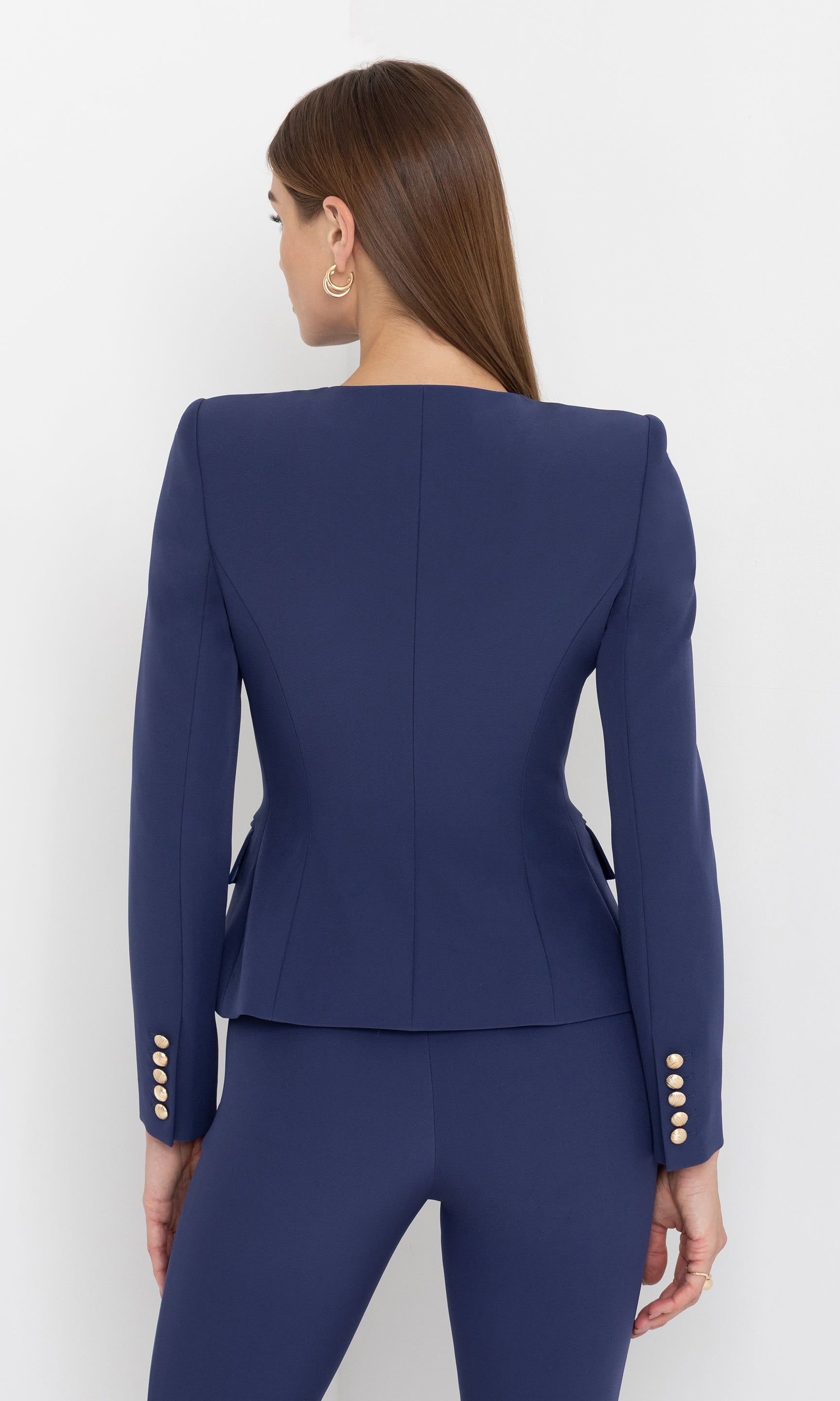 Back view of the ophelia crepe jacket, showcasing the tailored fit and structured shoulders.