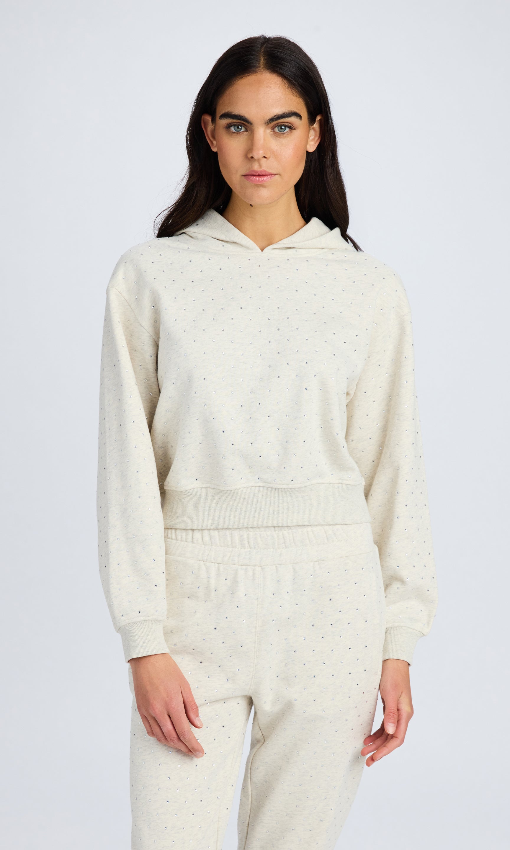 Model with dark brown hair wears a heather grey crystal sweatshirt with hood and matching pants.