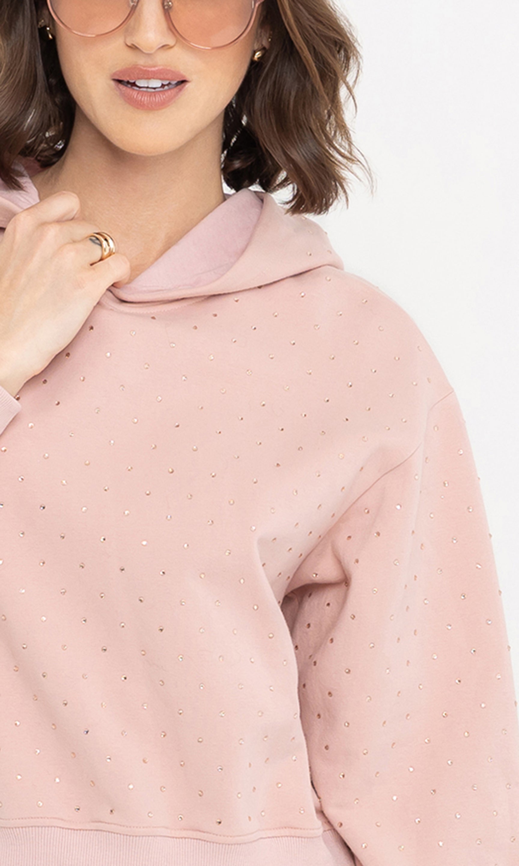 Close-up front view of the renae crystal hoodie highlighting the crystal embellishments.
