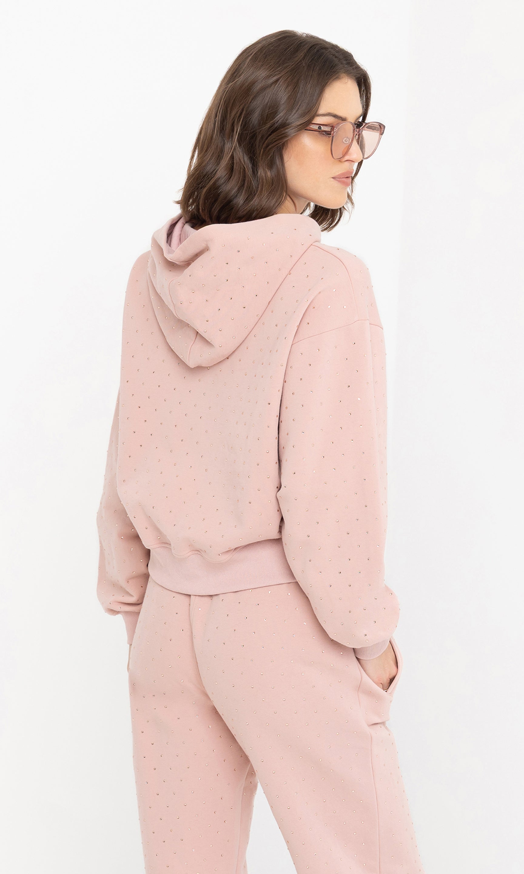 Back view of the renae crystal hoodie showing the hood and length.