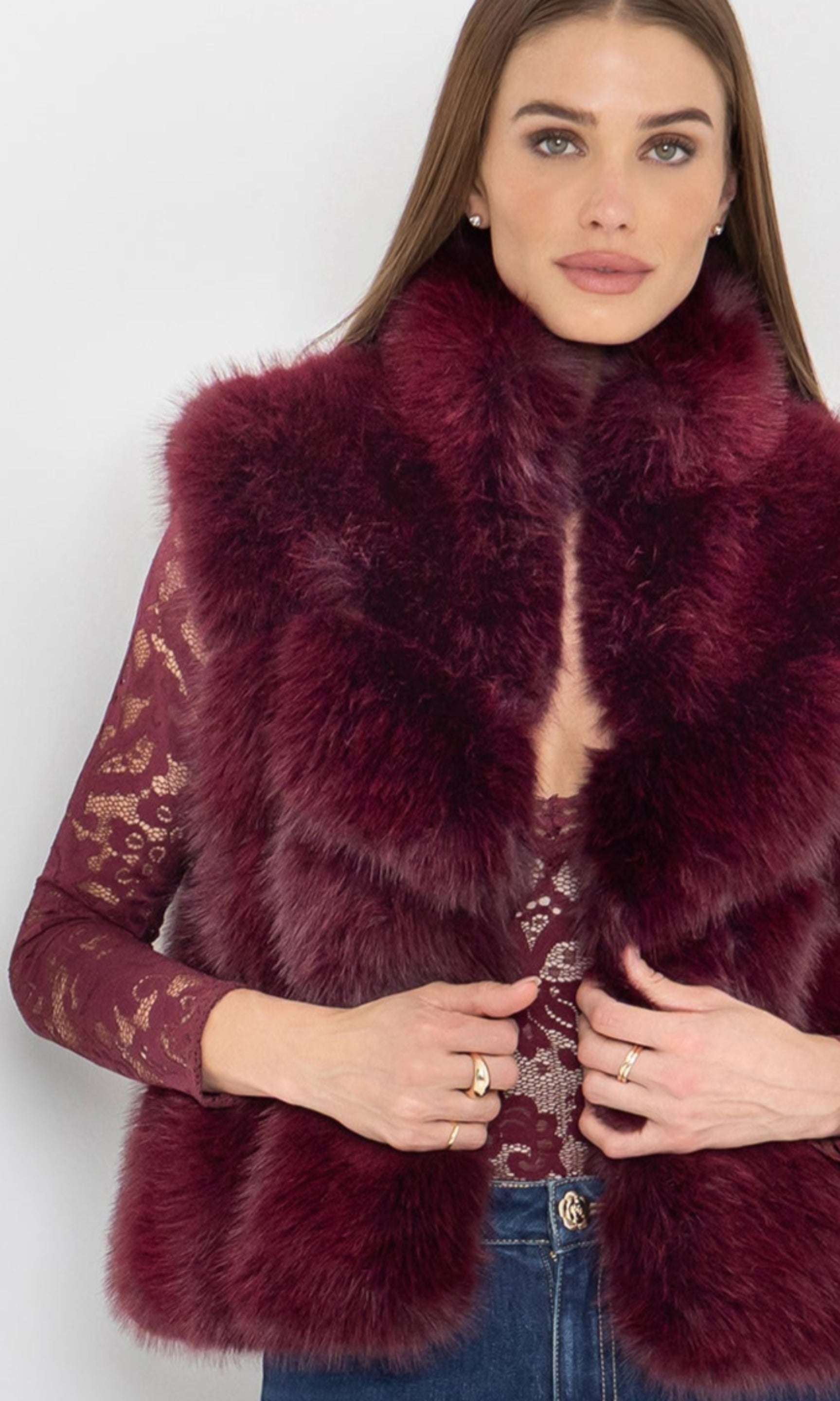 Close-up front view of the rosario faux fur vest emphasizing the neckline.