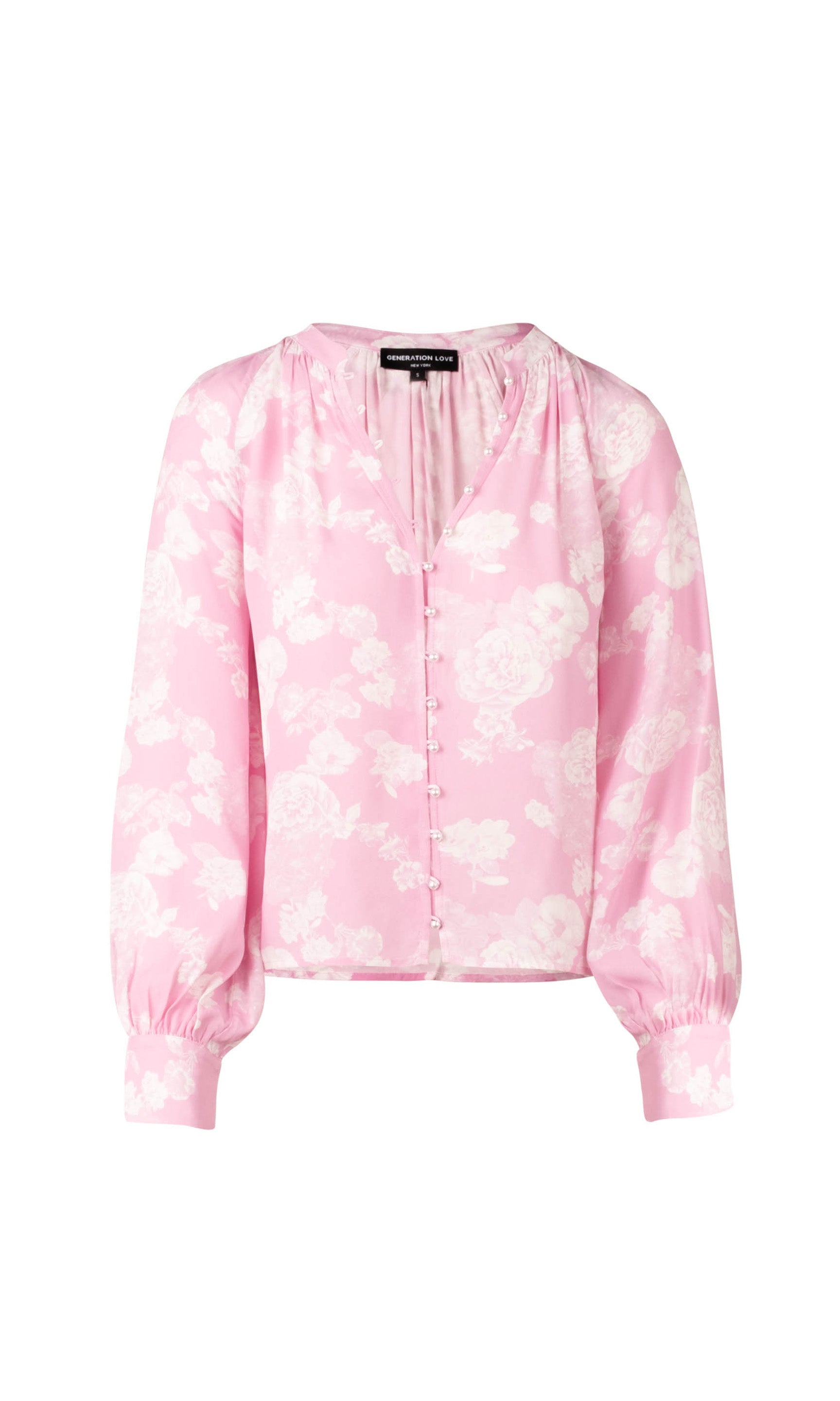ghost image of the Sophia Floral Blouse in a pink color with white floral print all around