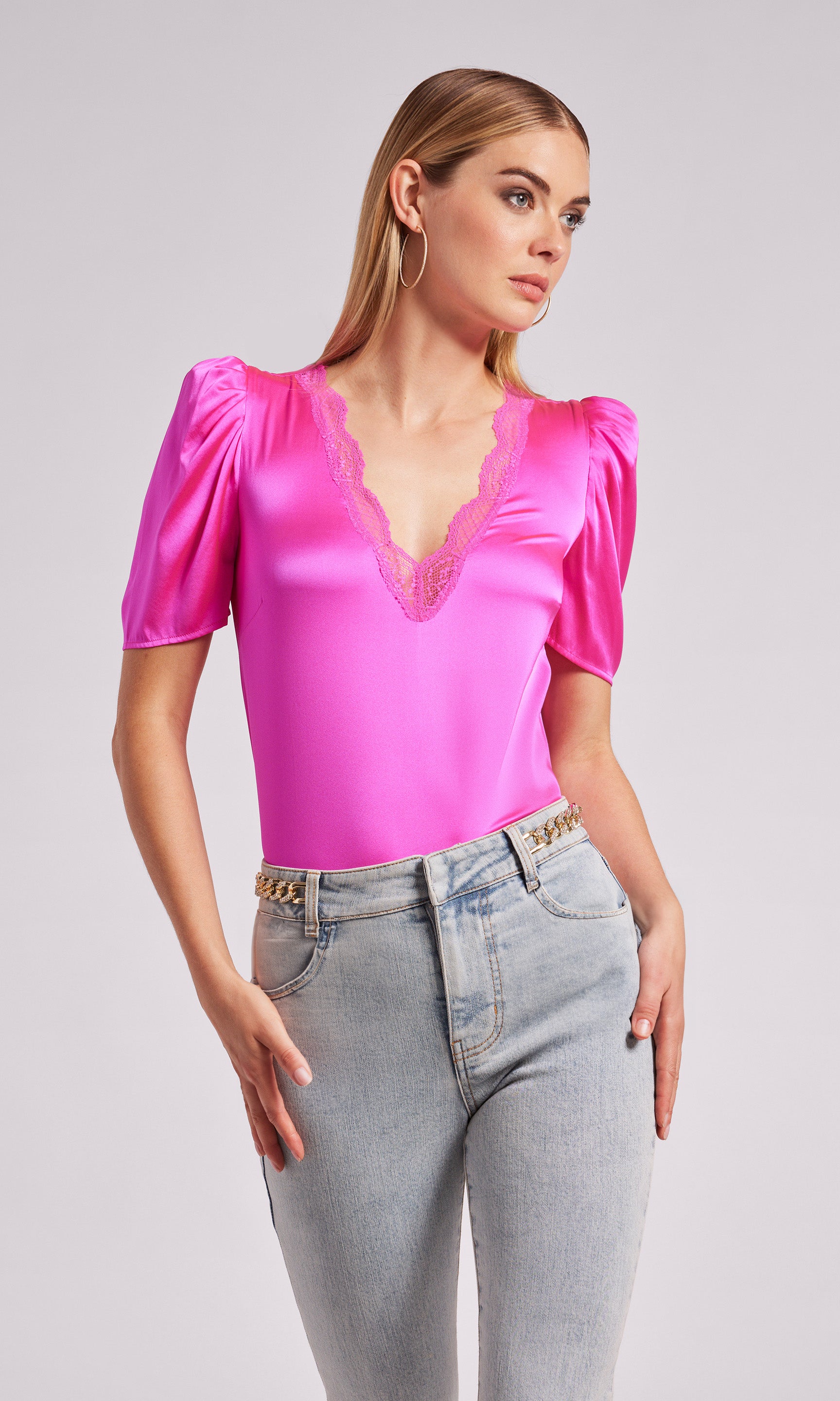 Women's Ruffle Front Silk Shirt In Fuchsia Pink