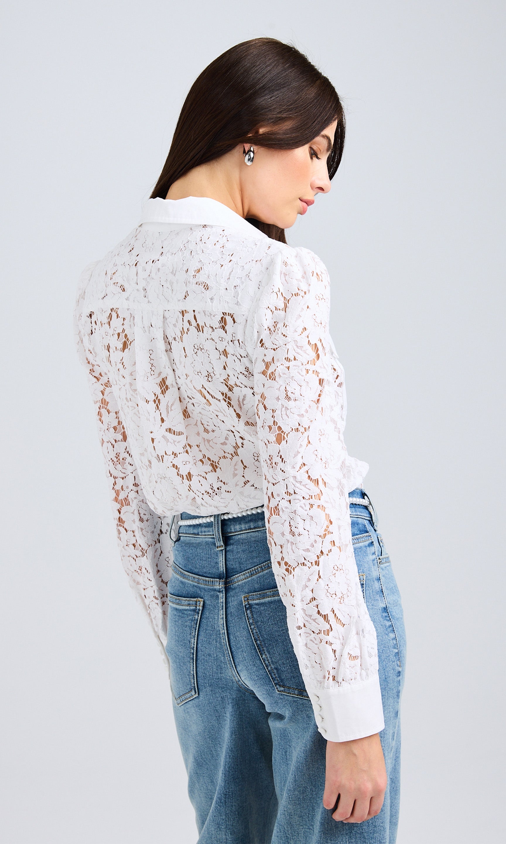 Back view of the white lace poplin combo shirt, showcasing the delicate lace pattern and classic fit.