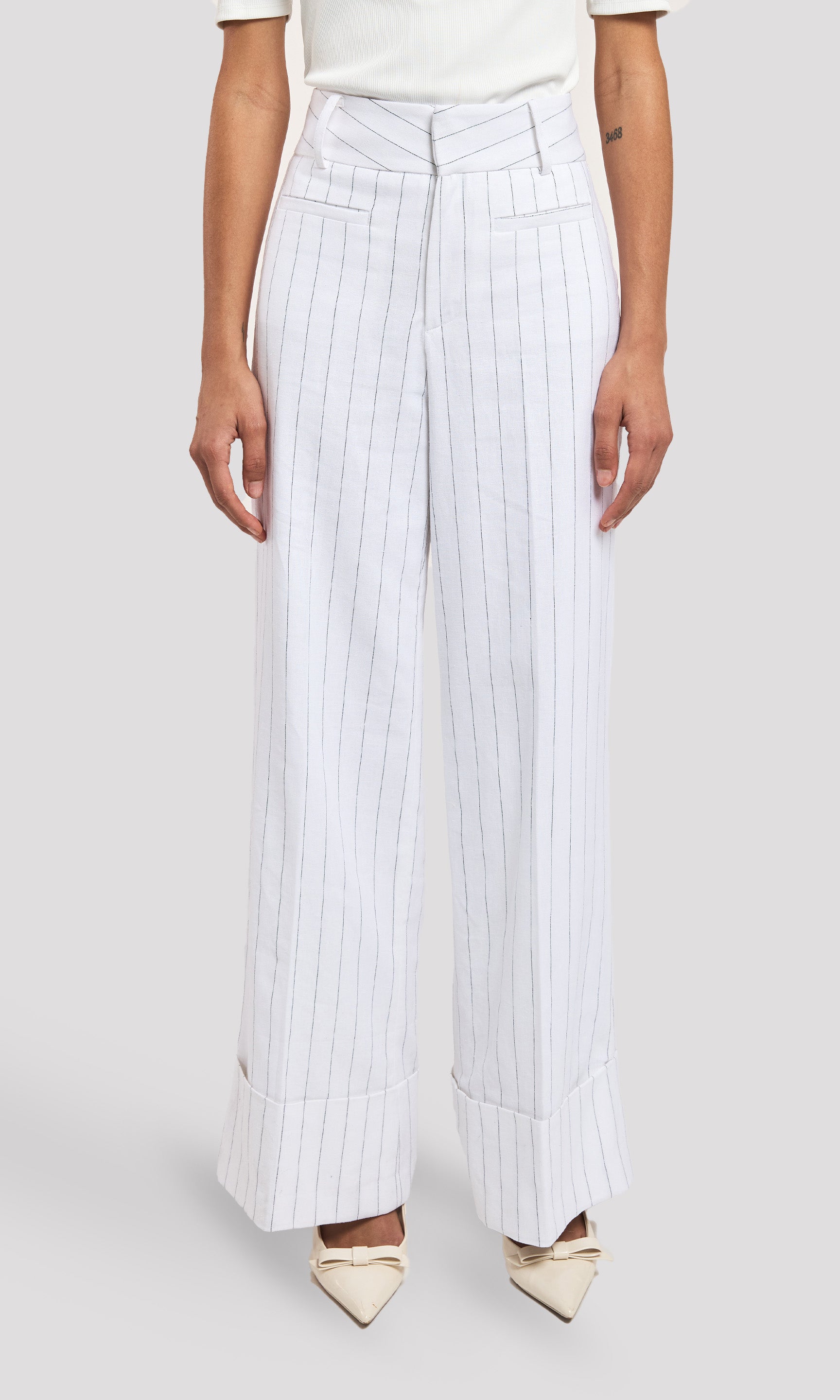 White pinstripe wide-leg pants