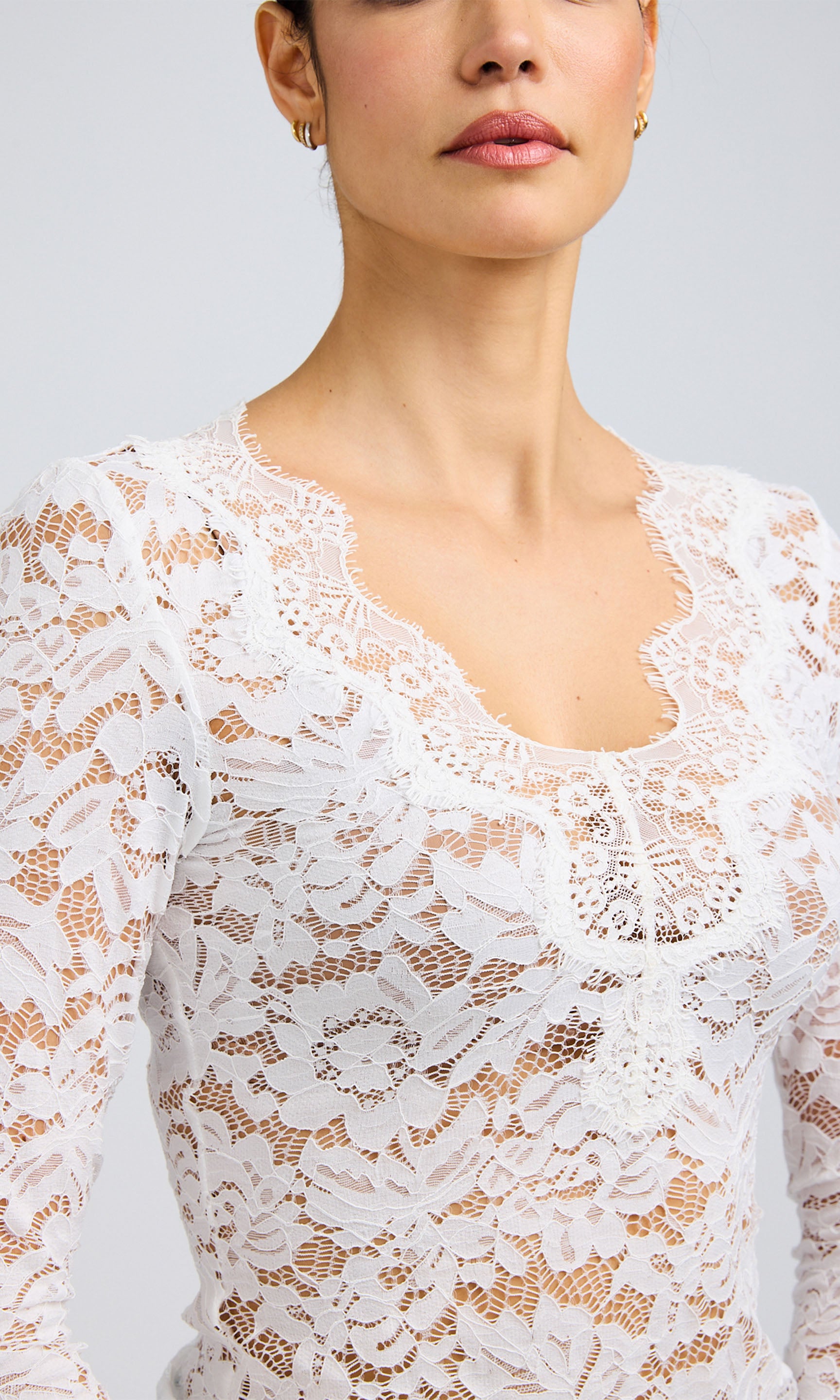 Detailed close-up of a woman's white lace top, featuring beautiful lacework and soft, flowing fabric.