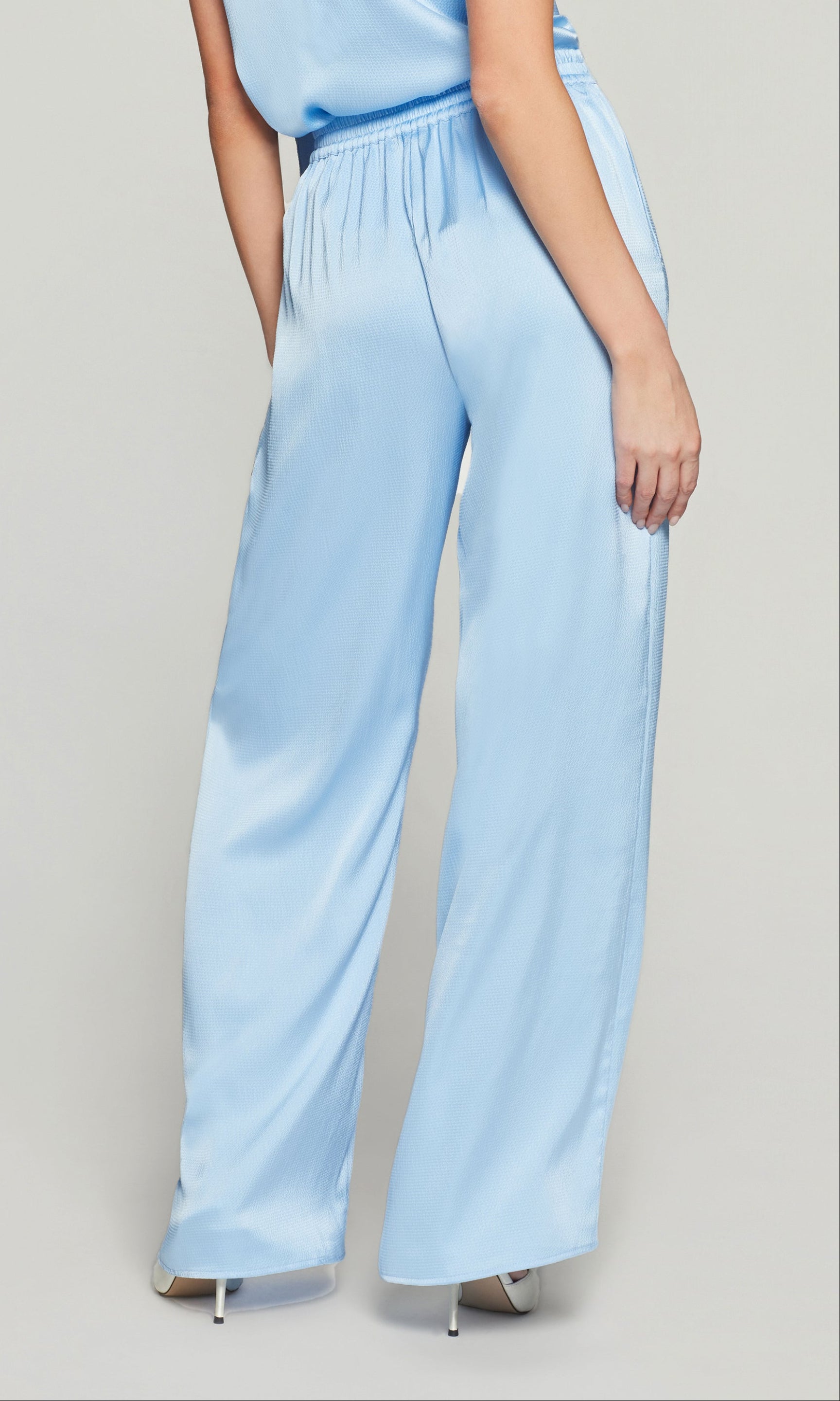Back view of light blue pants with wide-leg silhouette on a neutral background