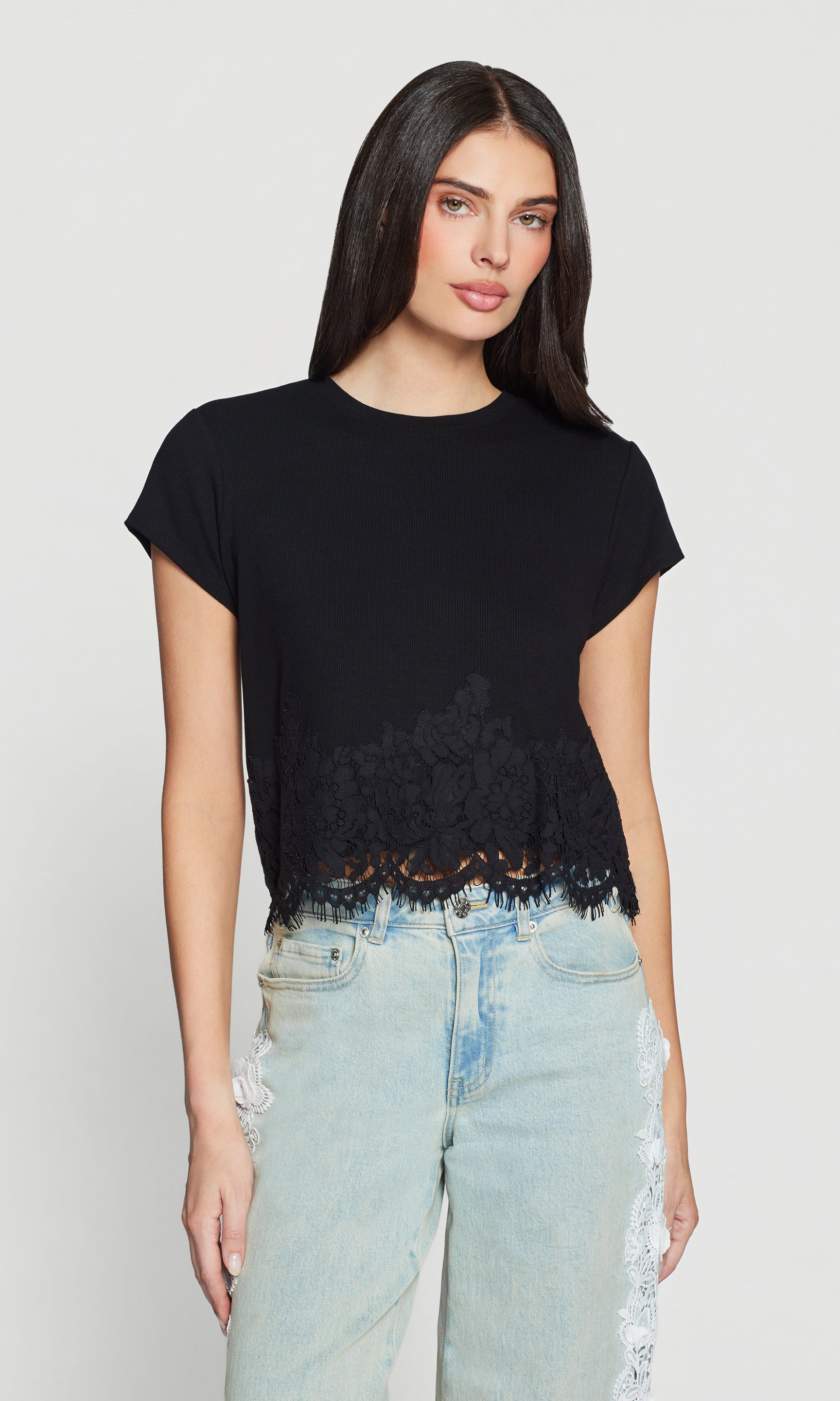Paige Rib Lace Combo Top in Black | Generation Love