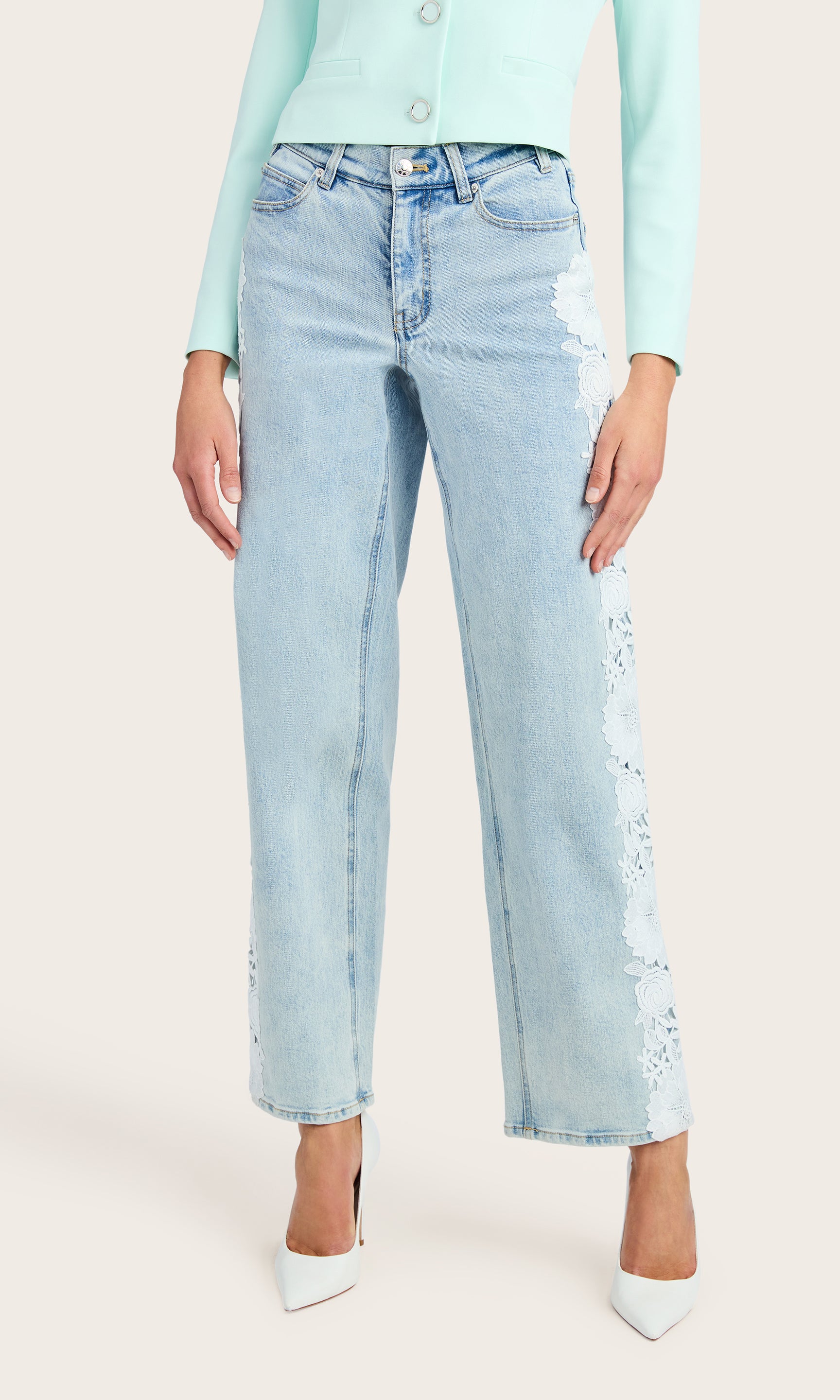 Front view of the Jethro Lace Combo Denim Jeans paired with a matching crepe blazer