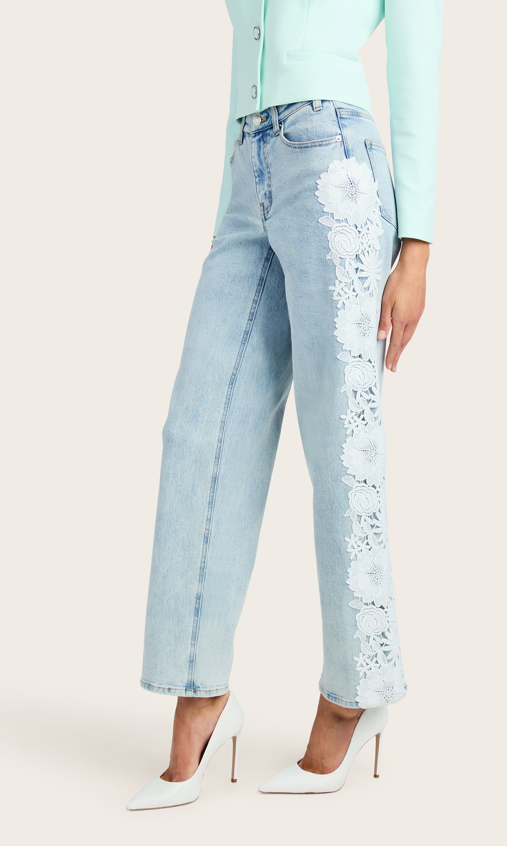 Side view of the Jethro Lace Combo Denim Jeans emphasizing the fit and lace placement