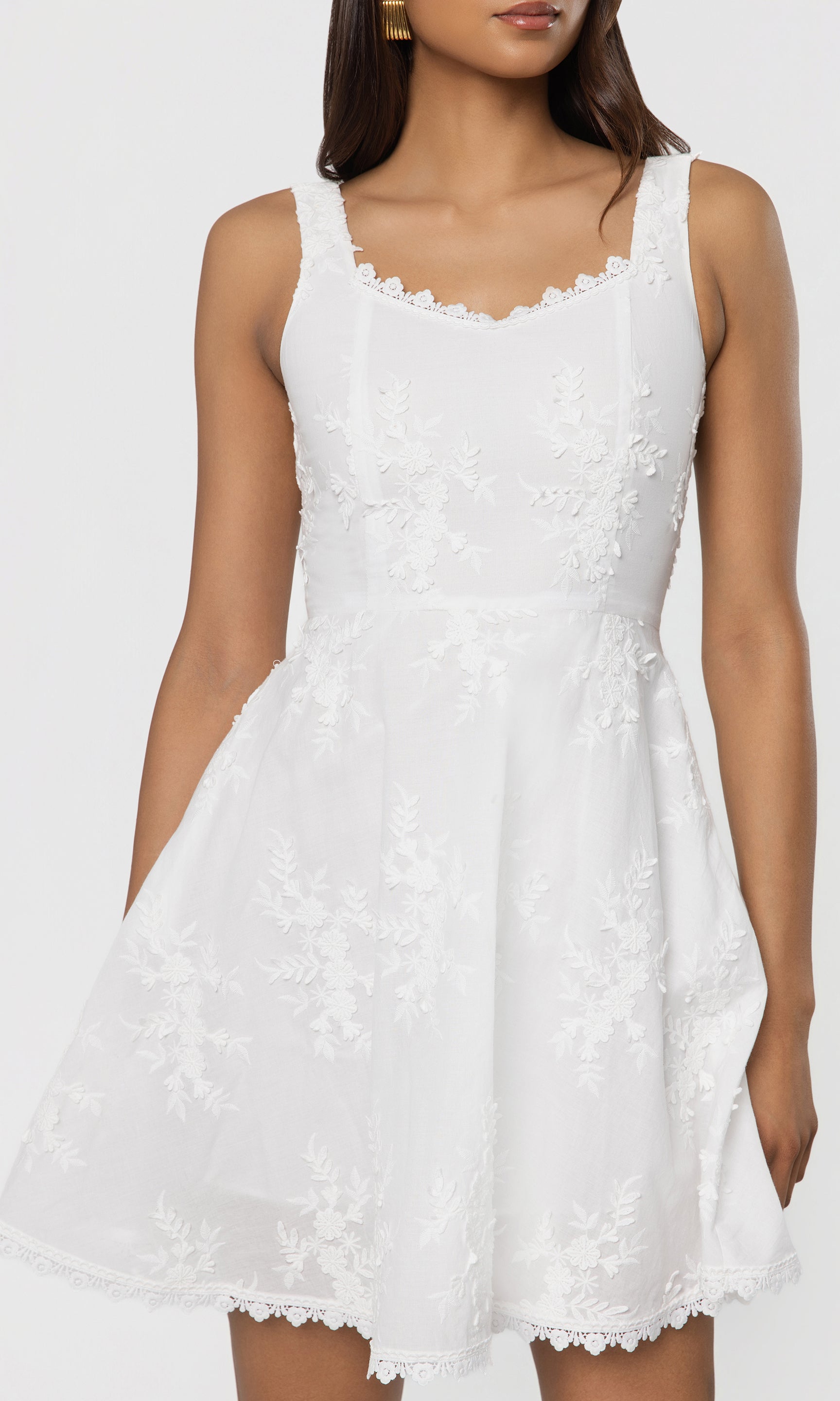 Close up of white lace dress with floral embroidery worn by a model on a white background