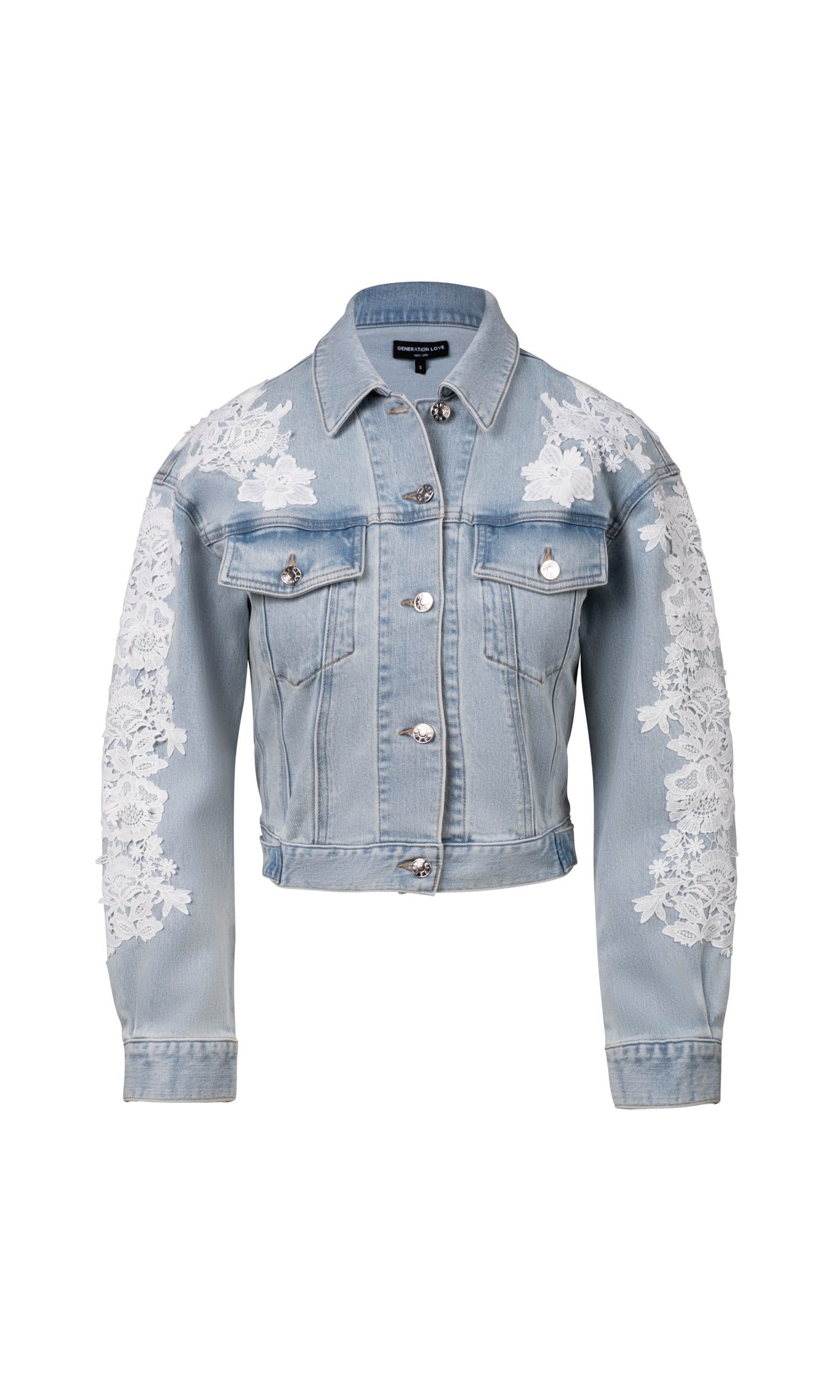 ghost image of the Valex Lace Combo Denim Jacket in denim blue with white lace details down the sleeves