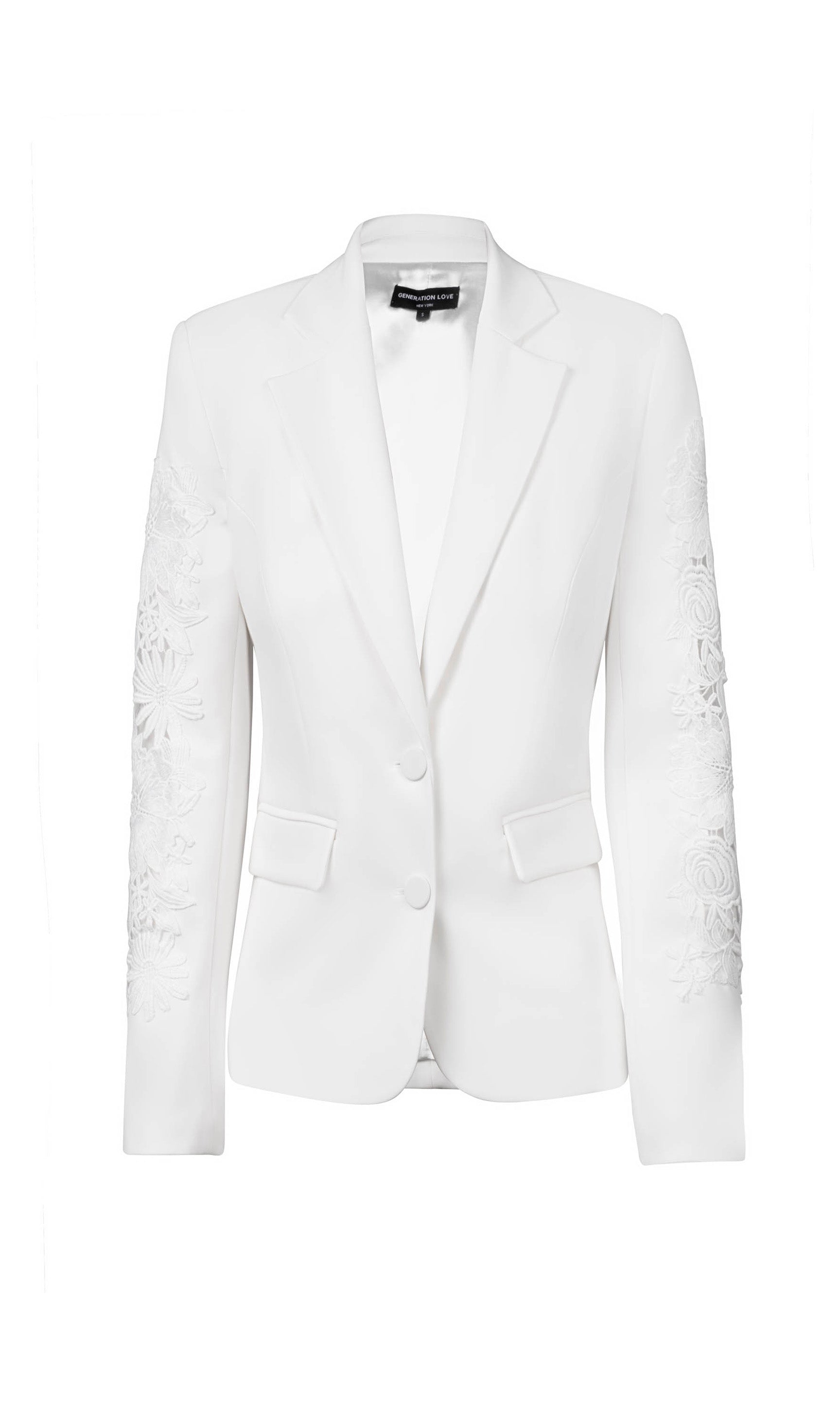 ghost image of the Venturi Lace Combo Blazer in white, featuring white lace details down the sleeves