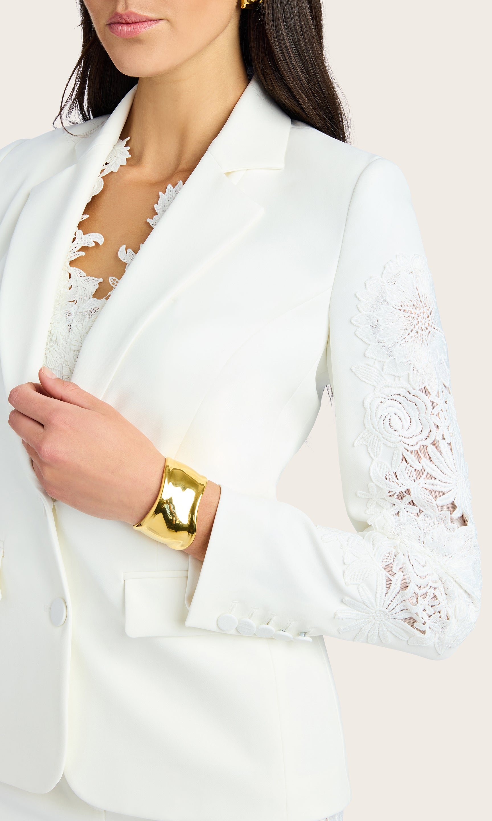 Close-up view of the Venturi Lace Combo Blazer highlighting the lace detailing on the sleeves.