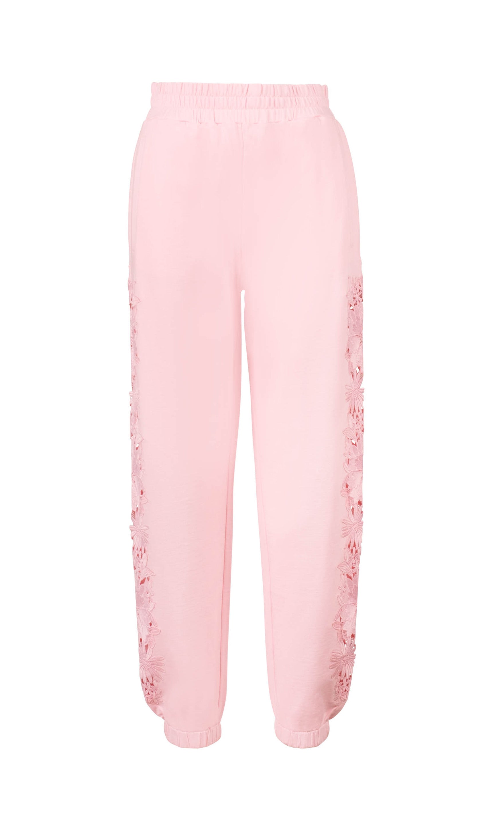 Ghost image of the Winnie Lace Combo Jogger in petal pink, with matching pink lace details down the side of the pant legs