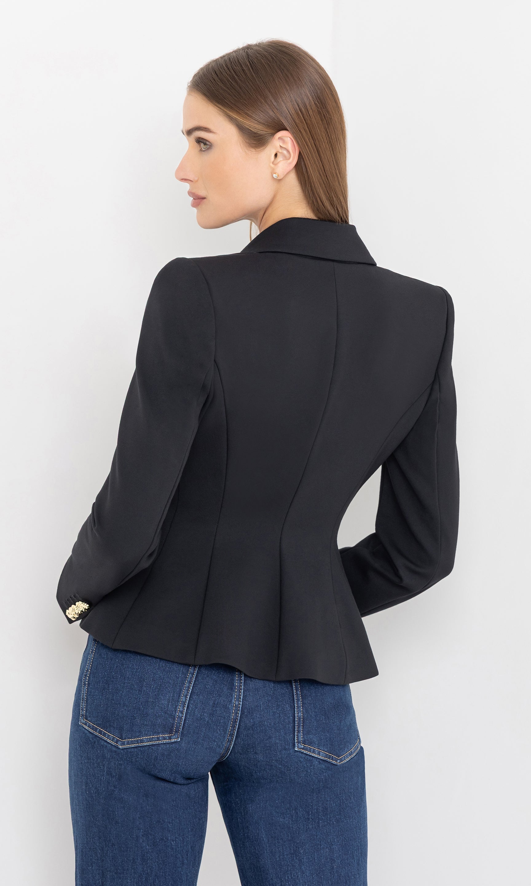 Back view of the wallis ponte blazer showing the tailored structure.